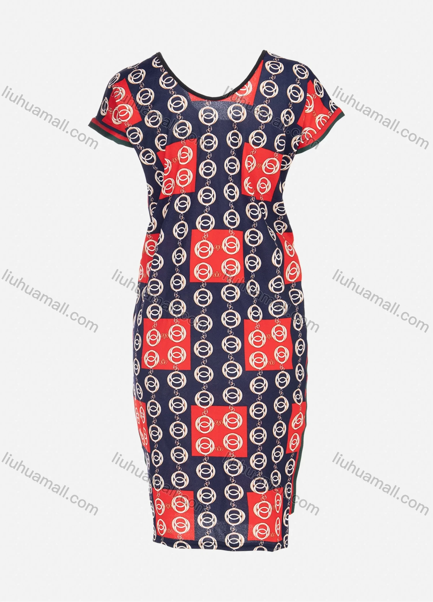 Wholesale Women's Casual Plus Size V Neck Short Sleeve Round Neck Patchwork & Chain Print Midi Dress - Liuhuamall