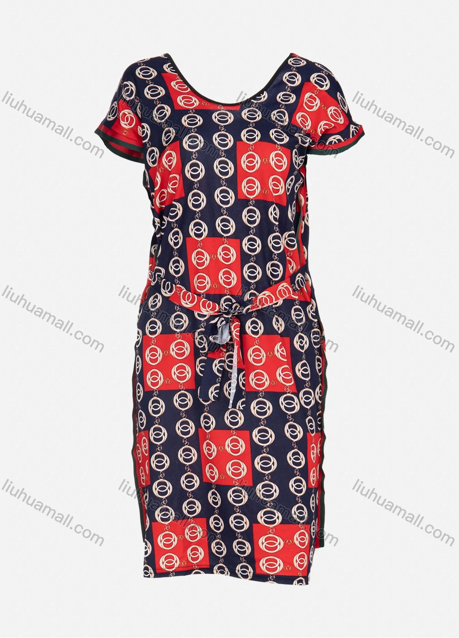 Wholesale Women's Casual Plus Size V Neck Short Sleeve Round Neck Patchwork & Chain Print Midi Dress - Liuhuamall