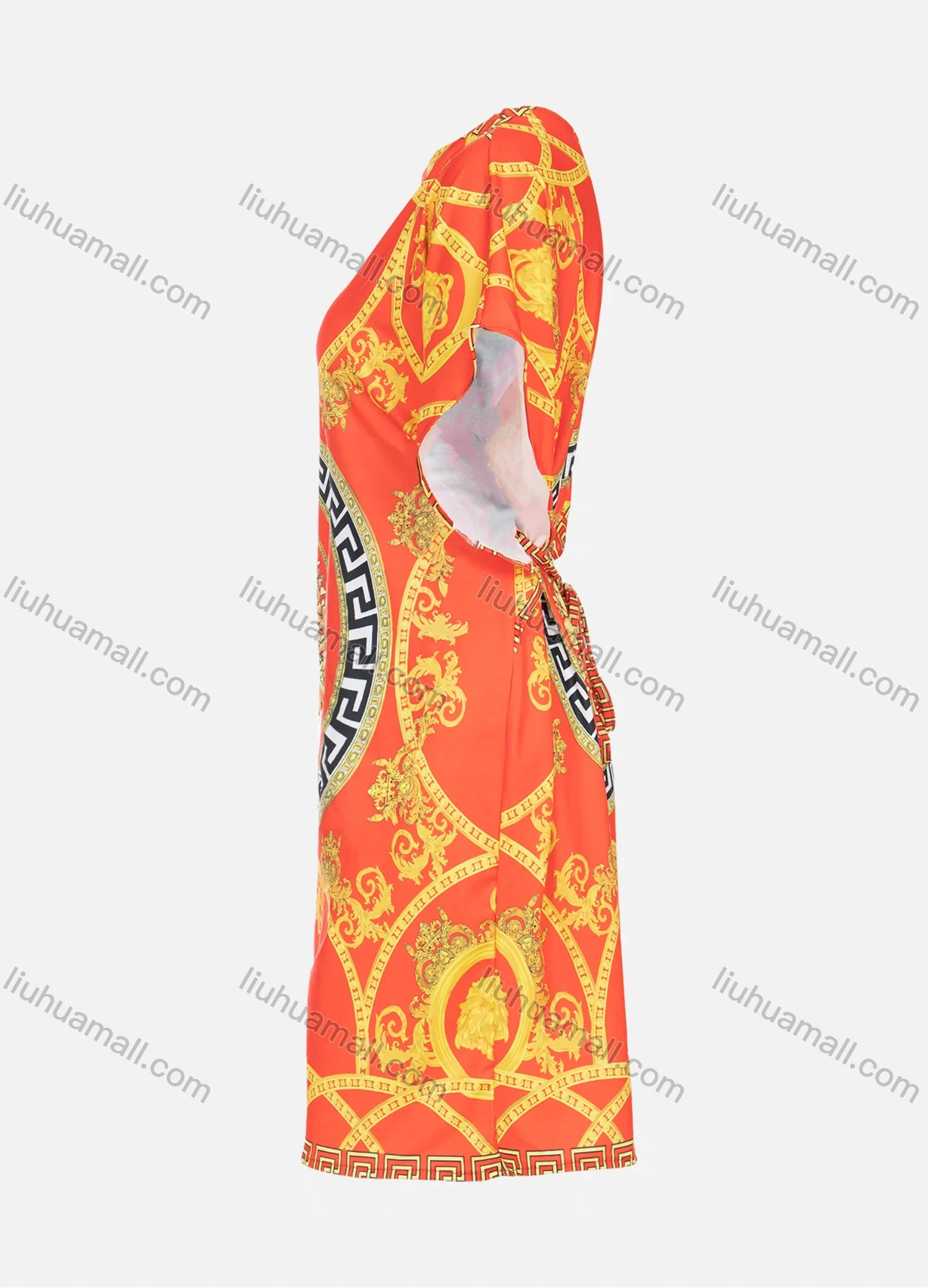 Wholesale Women's African Butterfly Sleeve Boat Neck Baroque & Floral Print Plus Size Midi Dress With Belt - Liuhuamall