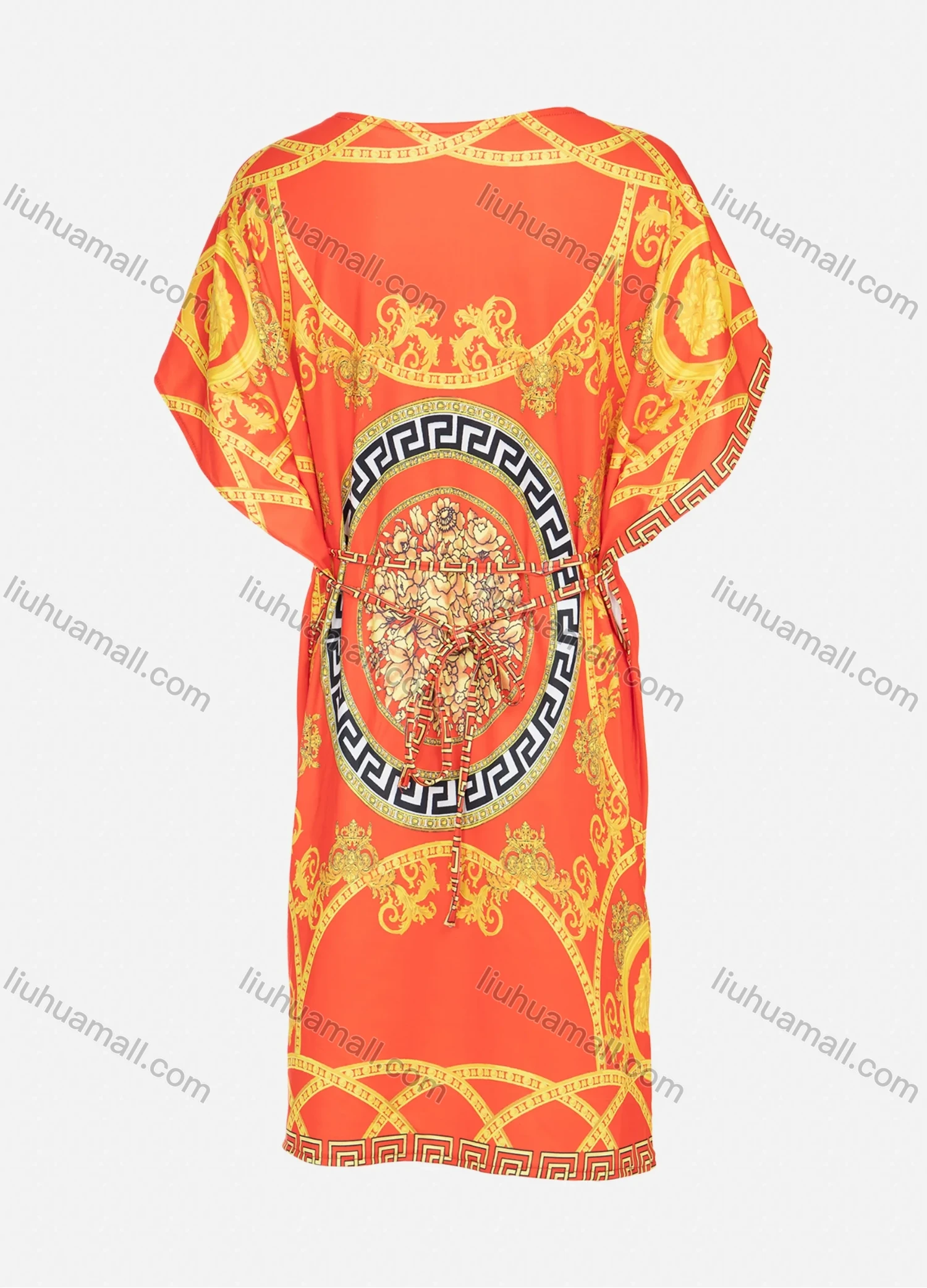 Wholesale Women's African Butterfly Sleeve Boat Neck Baroque & Floral Print Plus Size Midi Dress With Belt - Liuhuamall