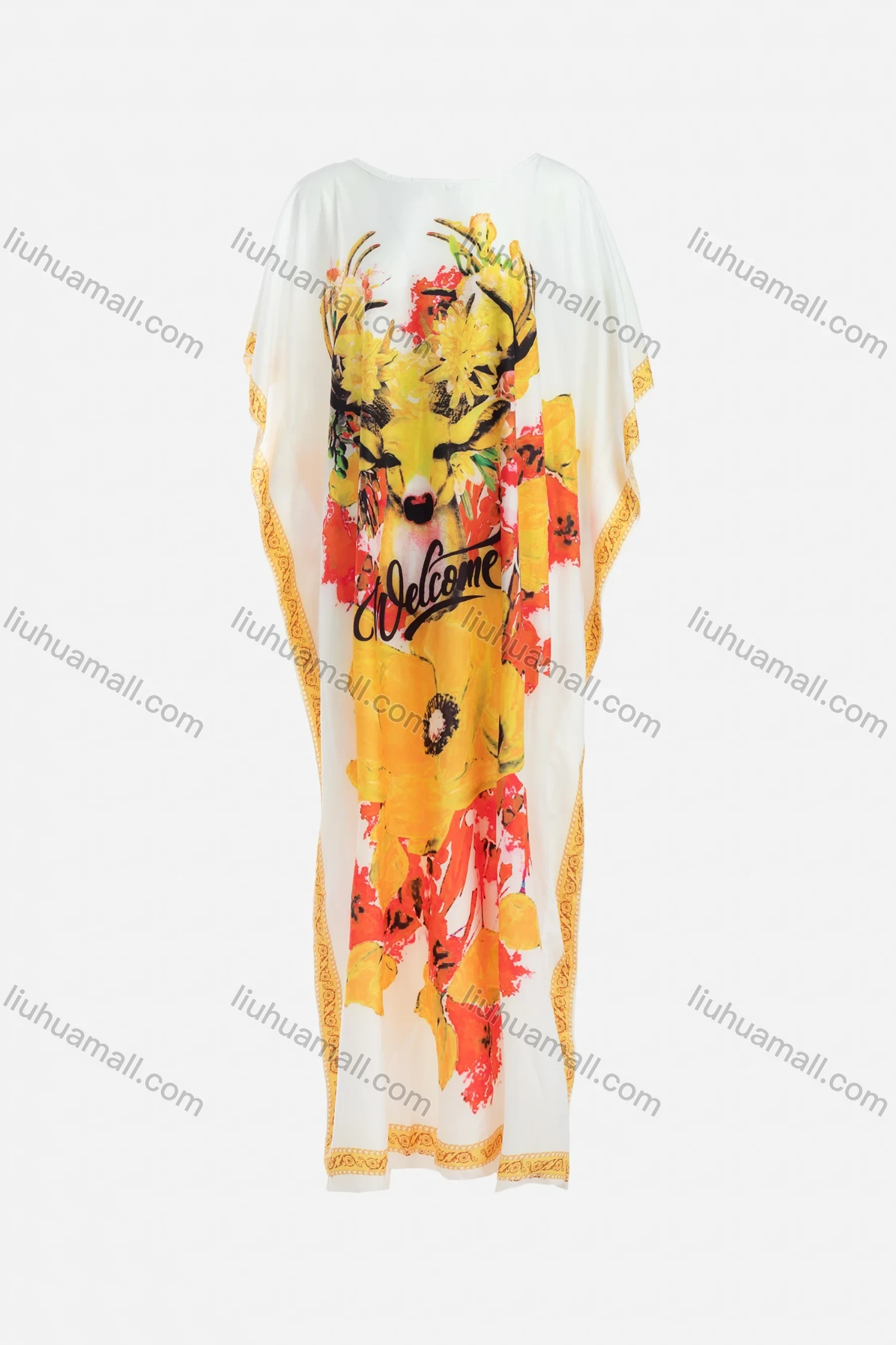 Wholesale Women's African Batwing Sleeve Boat Neck Plus Size Robe Deer Floral & Animal Print Kaftan Dress - Liuhuamall