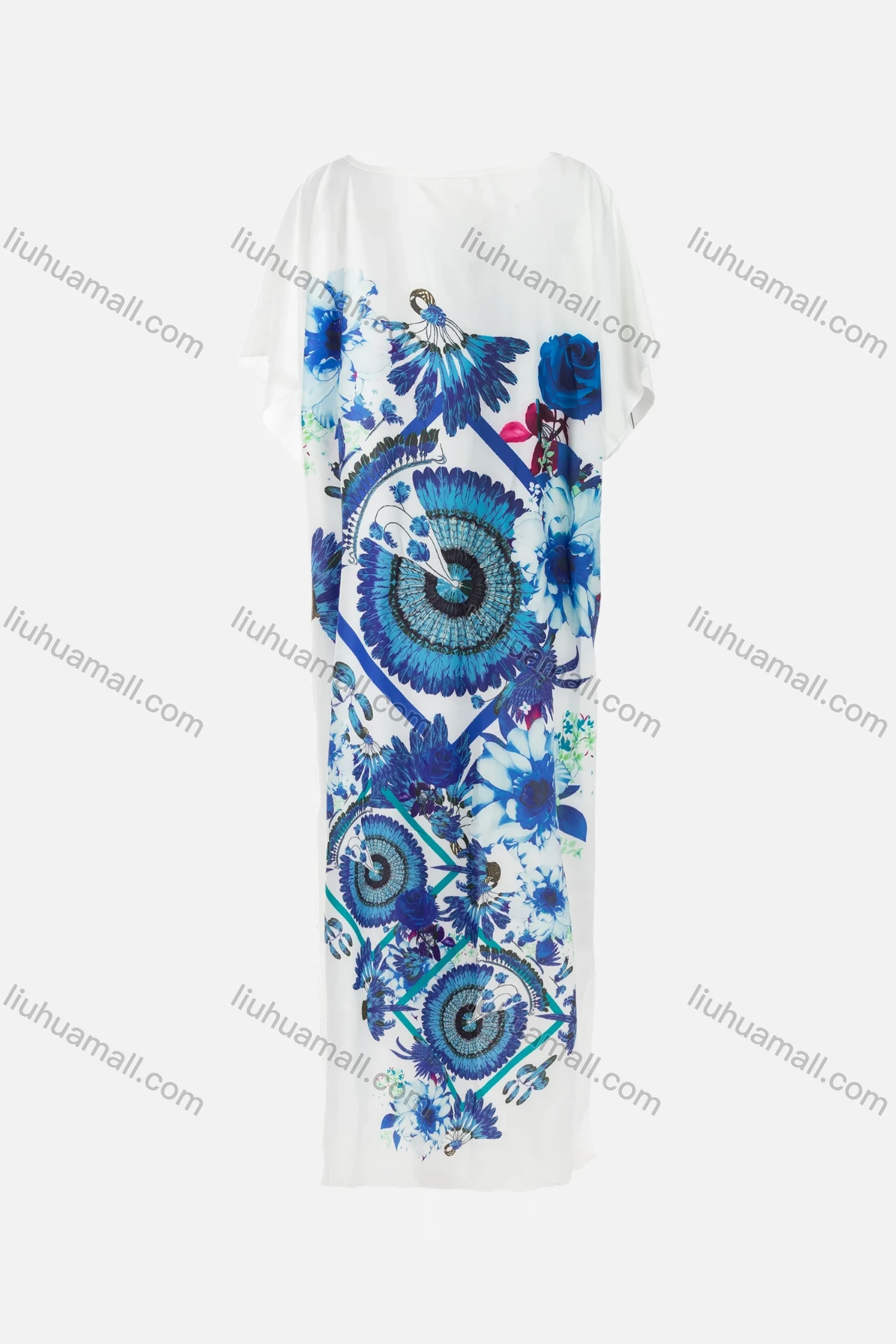 Wholesale Women's African Half Sleeve Boat Neck Robe Plus Size Feather & Floral Print Kaftan Dress - Liuhuamall