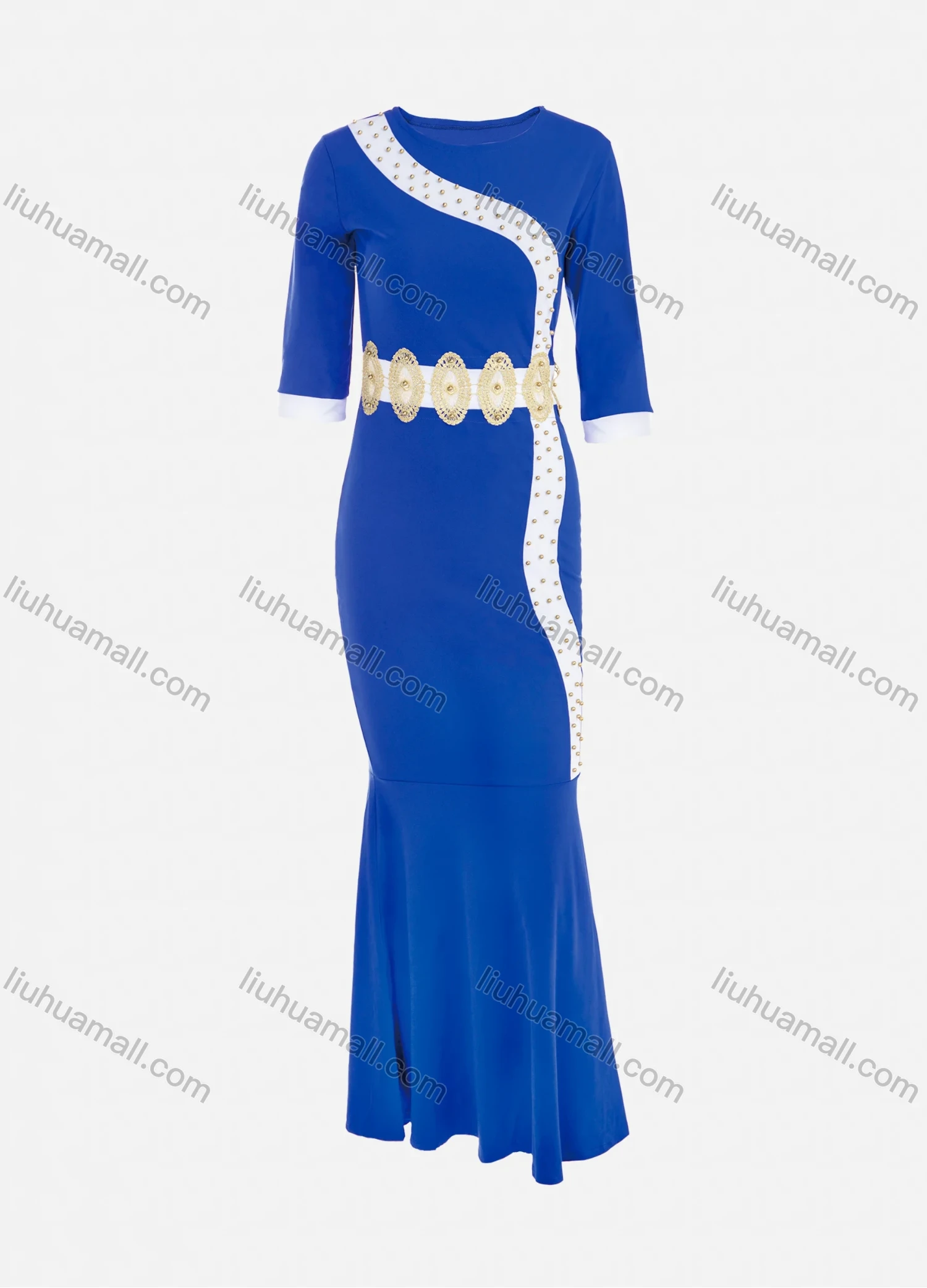 Wholesale Women's African Elegant Plus Size Half Sleeve Round Neck Rhinestone Pearl Decor Maxi Dress - Liuhuamall