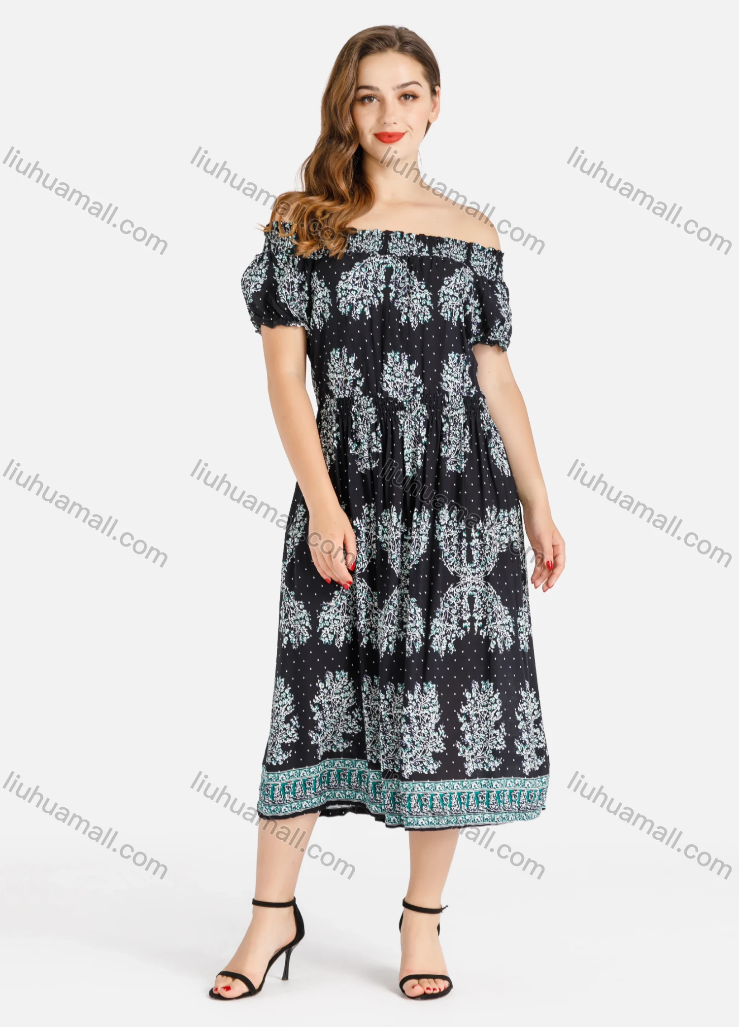 Wholesale Women's Casual Off Shoulder Puff Sleeve A-Line Midi Dress - Liuhuamall