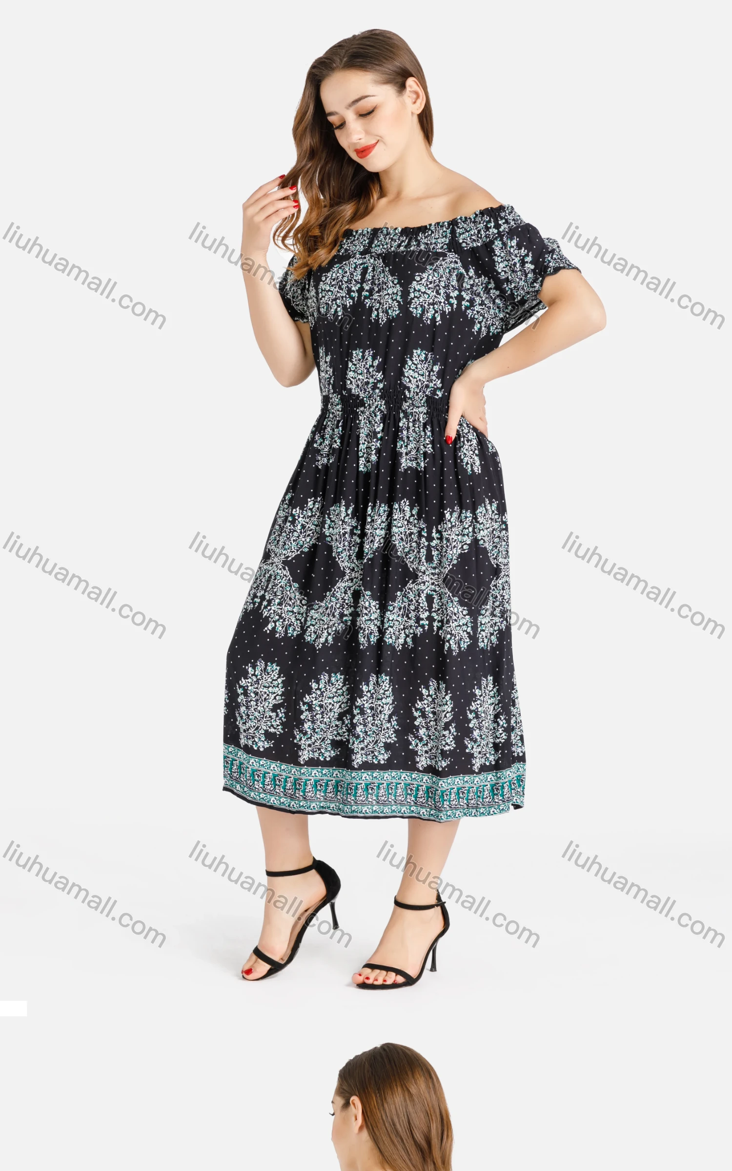 Wholesale Women's Casual Off Shoulder Puff Sleeve A-Line Midi Dress - Liuhuamall