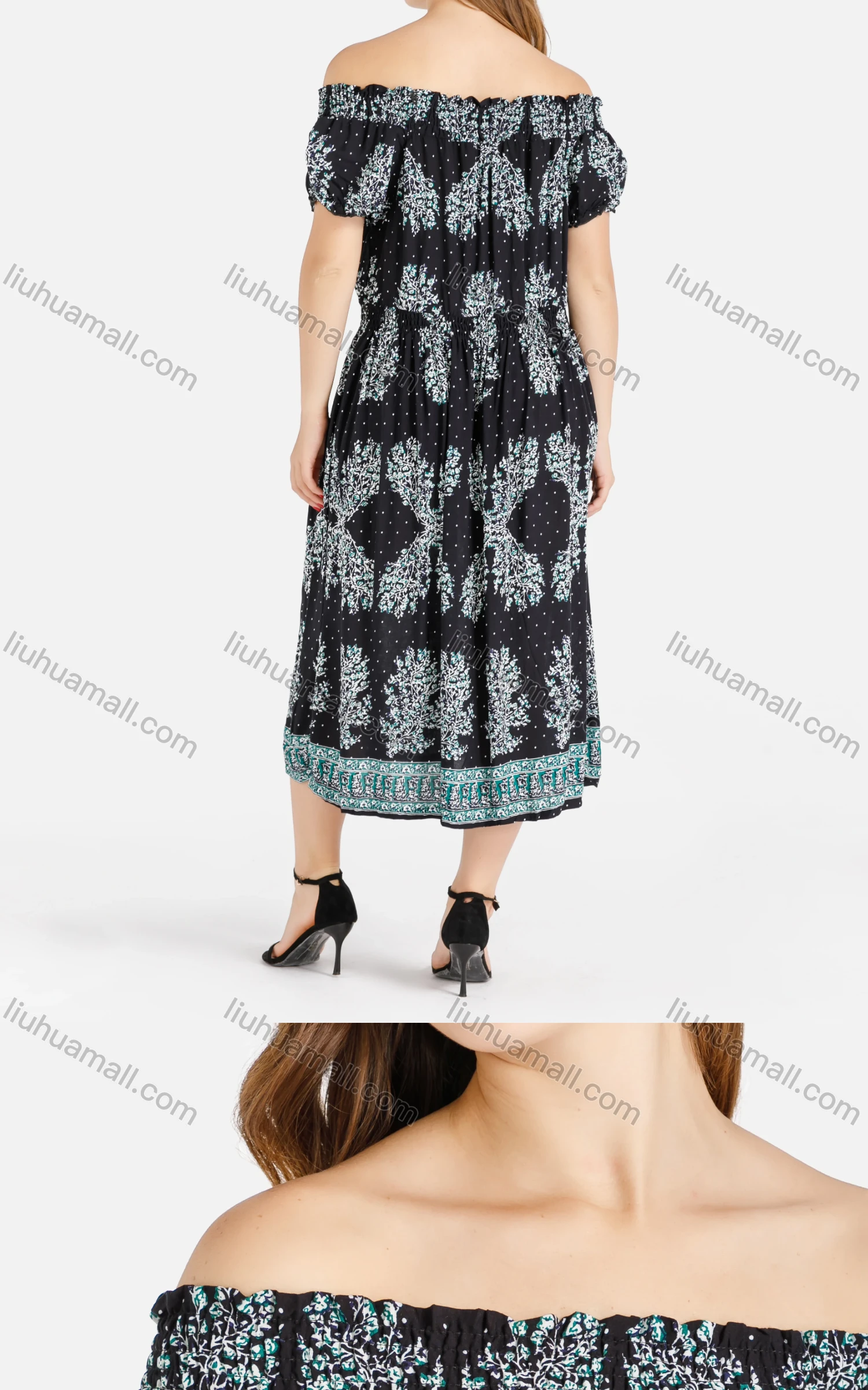 Wholesale Women's Casual Off Shoulder Puff Sleeve A-Line Midi Dress - Liuhuamall