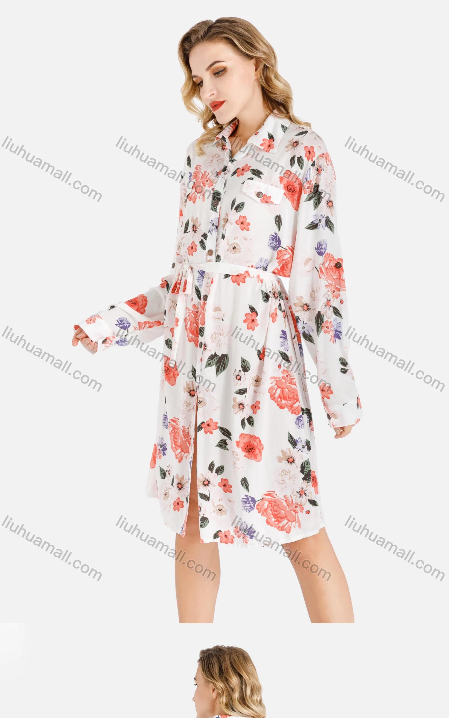 Wholesale Women's Casual Floral Print Button Down Long Sleeve Short Shirt Dress With Belt - Liuhuamall