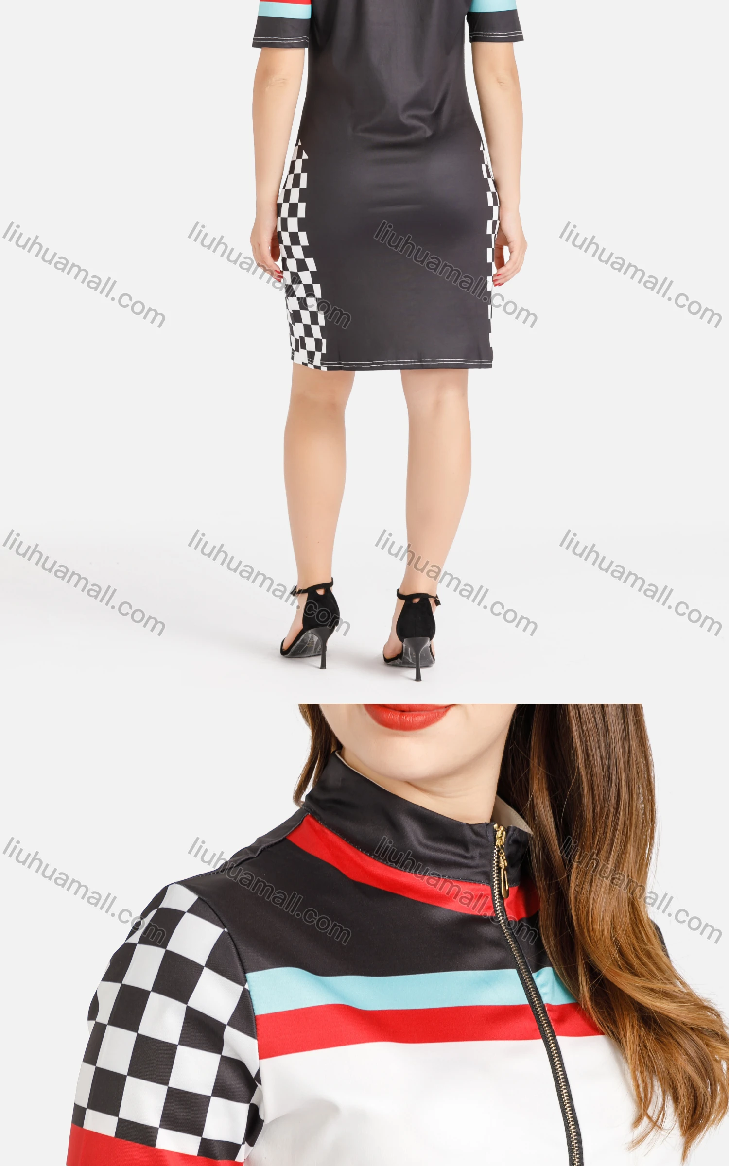 Wholesale Women's Casual Stand Collar Quarter Zip Colorblock & Checkerboard Print Dress - Liuhuamall