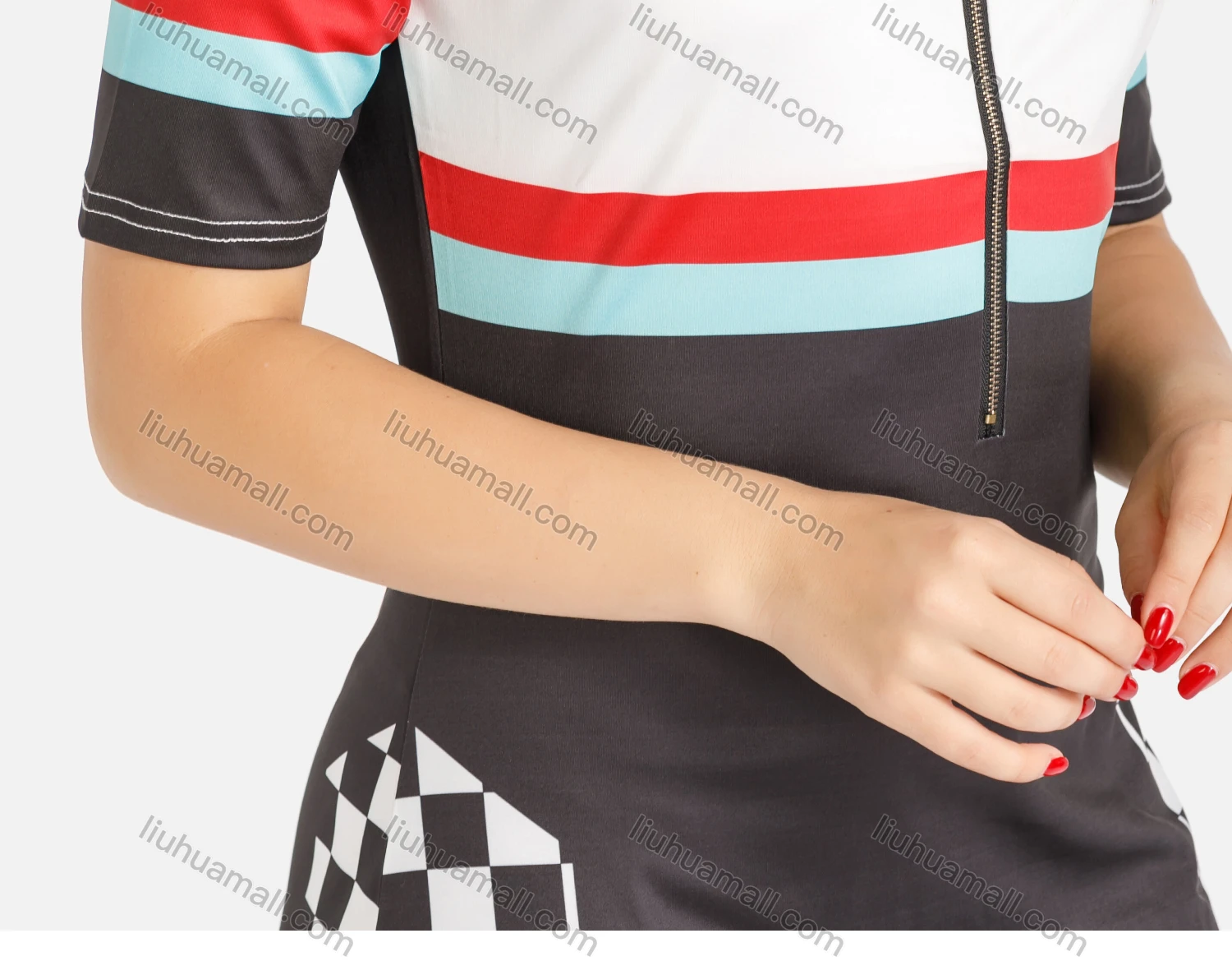 Wholesale Women's Casual Stand Collar Quarter Zip Colorblock & Checkerboard Print Dress - Liuhuamall