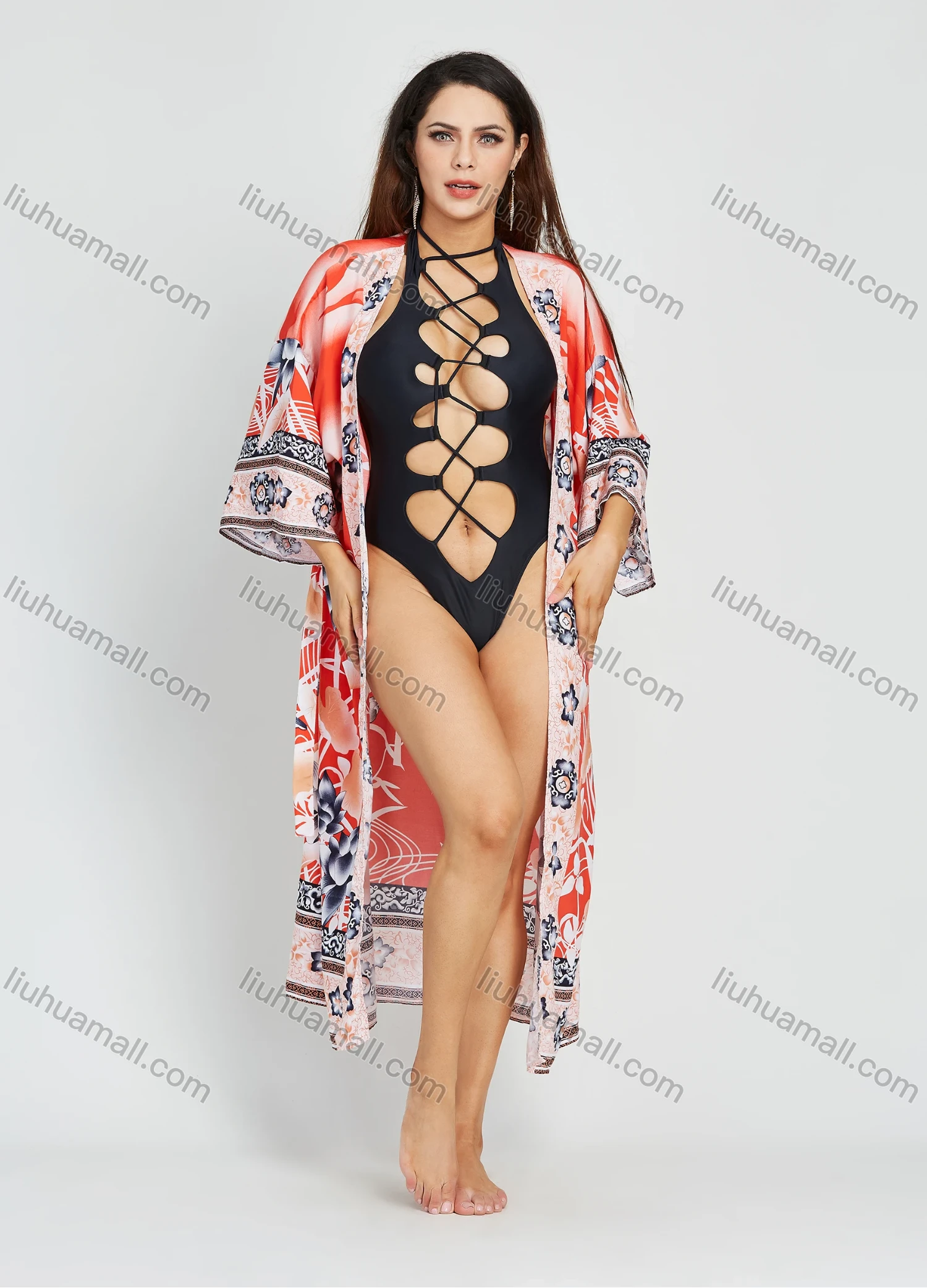 Wholesale Women's Floral Flamingo Print 3/4 Sleeve Midi Kimono Cardigan With Belt - Liuhuamall