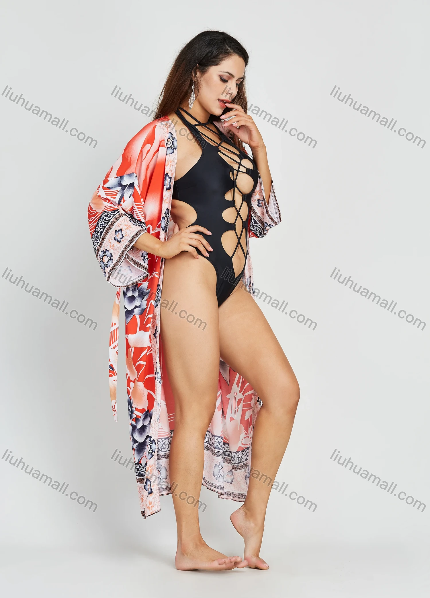 Wholesale Women's Floral Flamingo Print 3/4 Sleeve Midi Kimono Cardigan With Belt - Liuhuamall