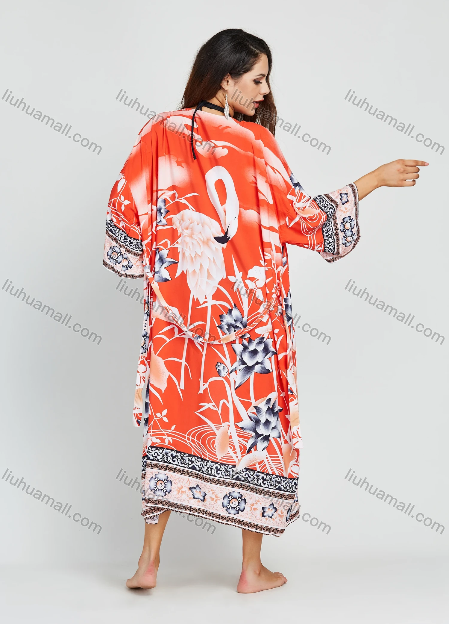 Wholesale Women's Floral Flamingo Print 3/4 Sleeve Midi Kimono Cardigan With Belt - Liuhuamall