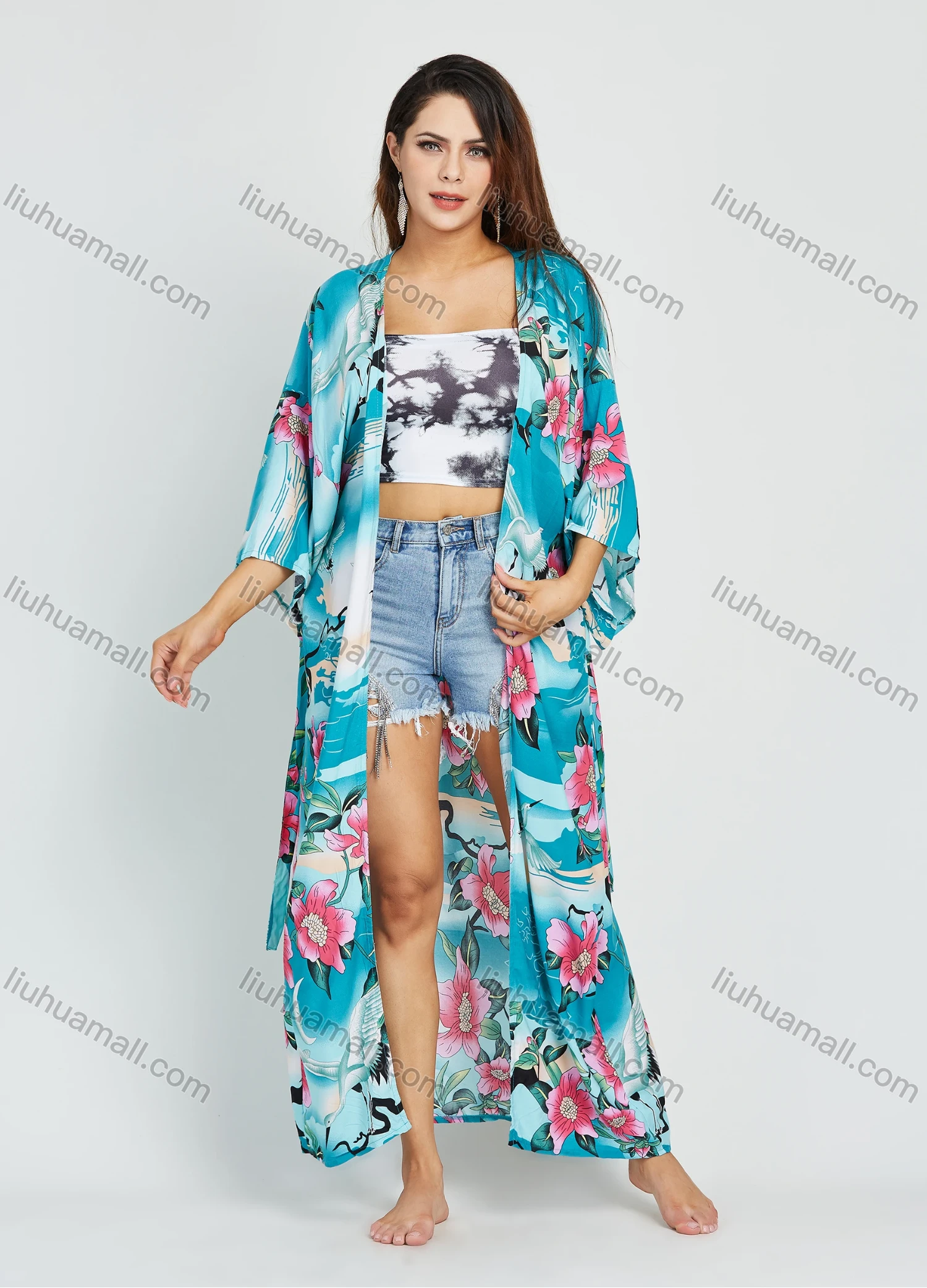 Wholesale Women's Allover Floral Animal Print 3/4 Sleeve Long Kimono Cardigan With Belt - Liuhuamall