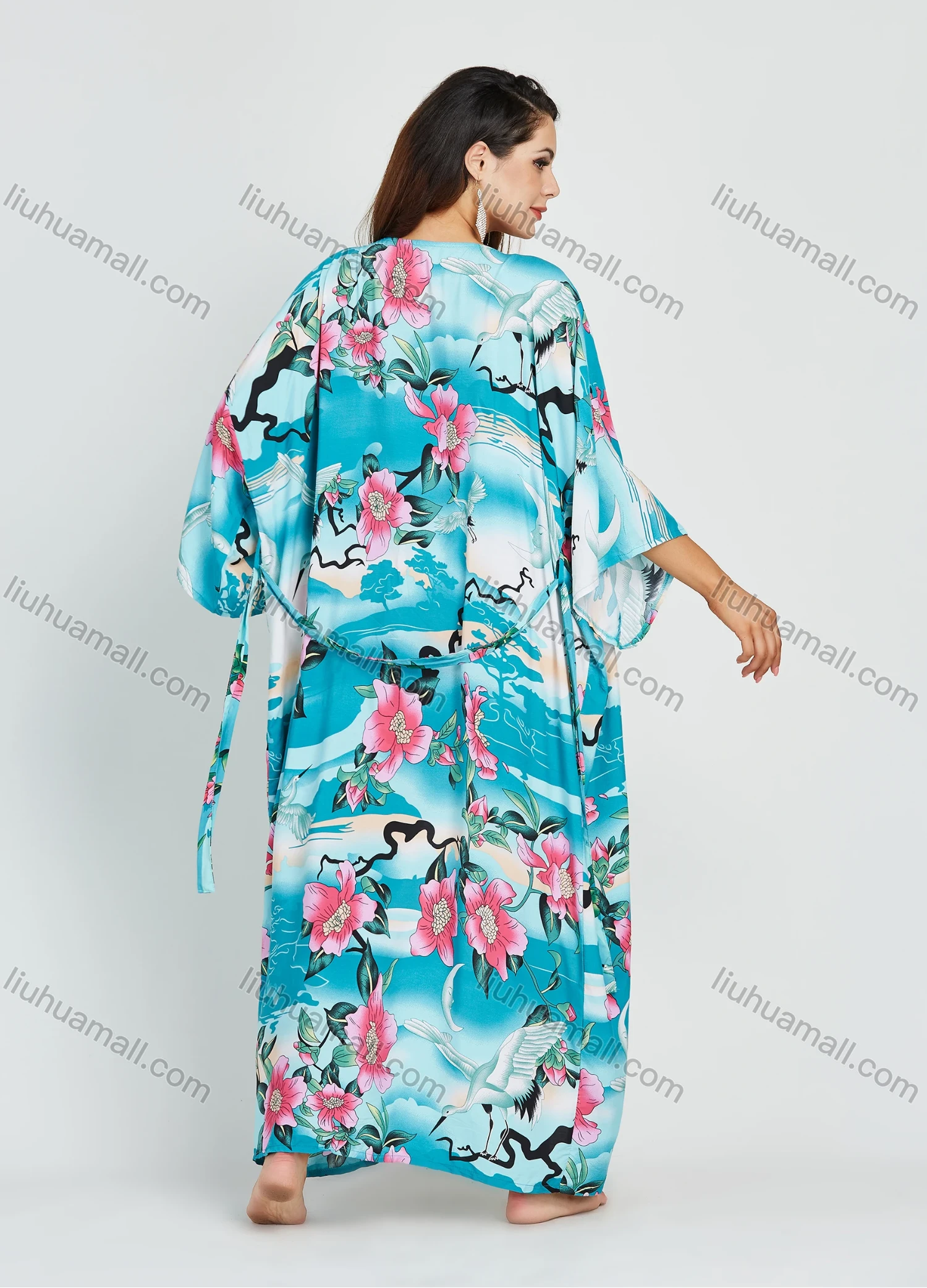 Wholesale Women's Allover Floral Animal Print 3/4 Sleeve Long Kimono Cardigan With Belt - Liuhuamall