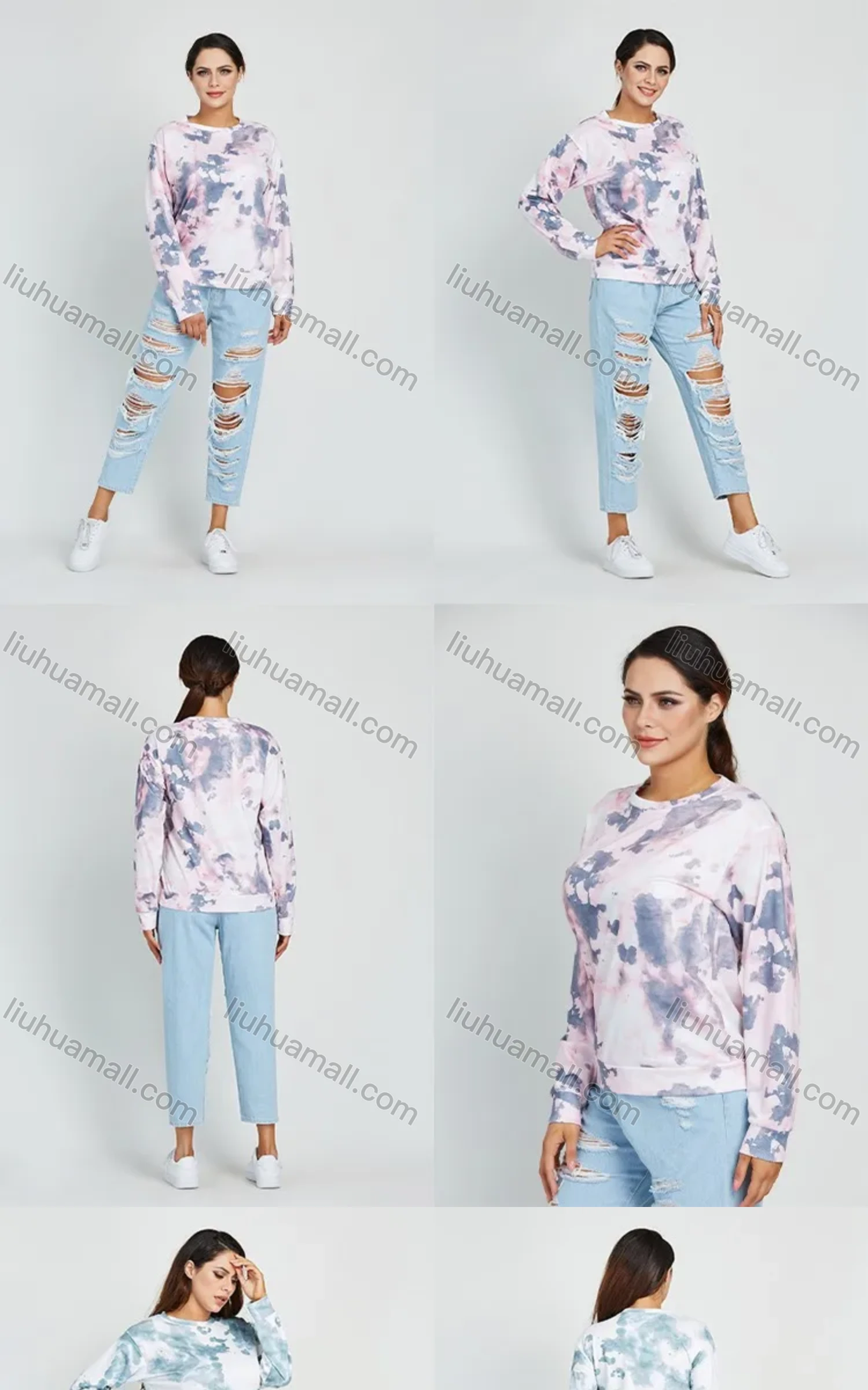 Wholesale Women's Casual Crew Neck Pullover Long Sleeve Regular Fit Tie Dye T-shirt - Liuhuamall