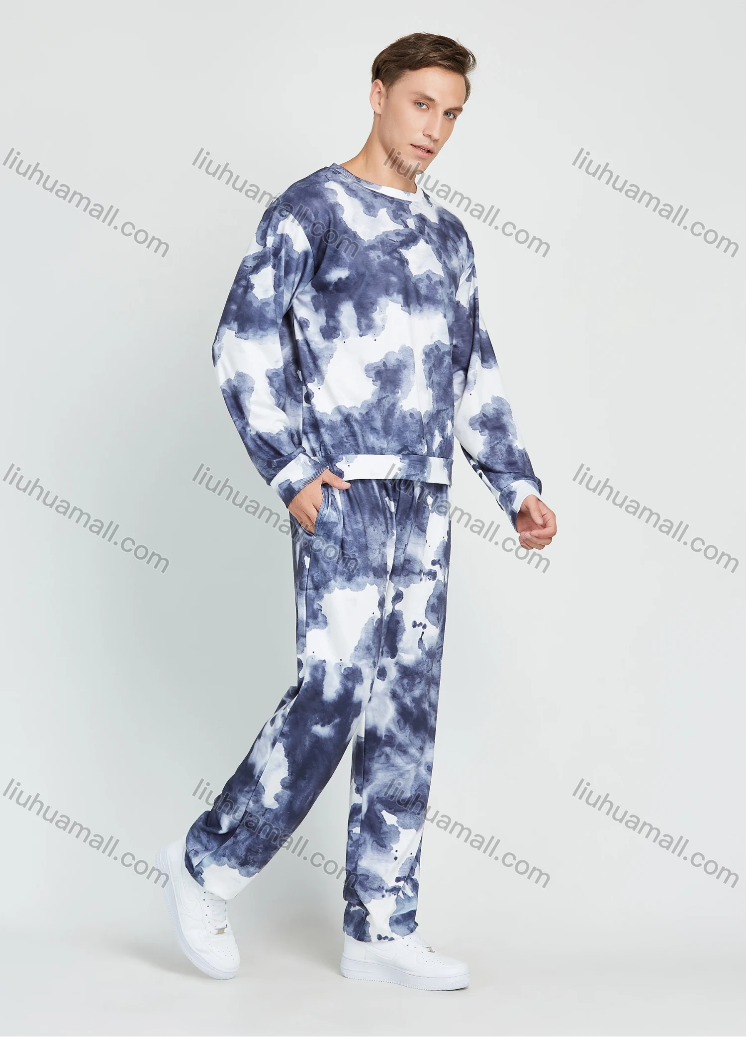 Wholesale Men's Casual Round Neck Tie Dye Long Sleeve T-shirt & Pants 2 Piece Set - Liuhuamall