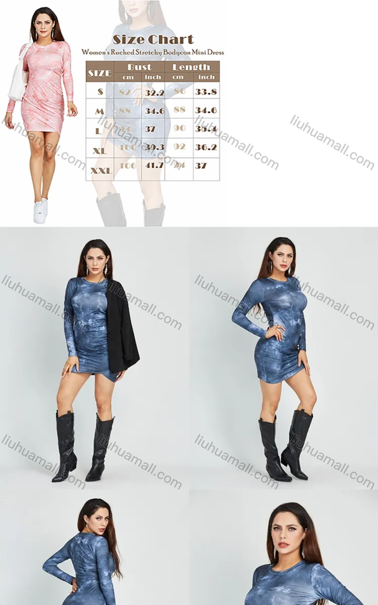 Wholesale Women's Casual Long Sleeve Crew Neck Tie Dye Print Bodycon Short Dress - Liuhuamall