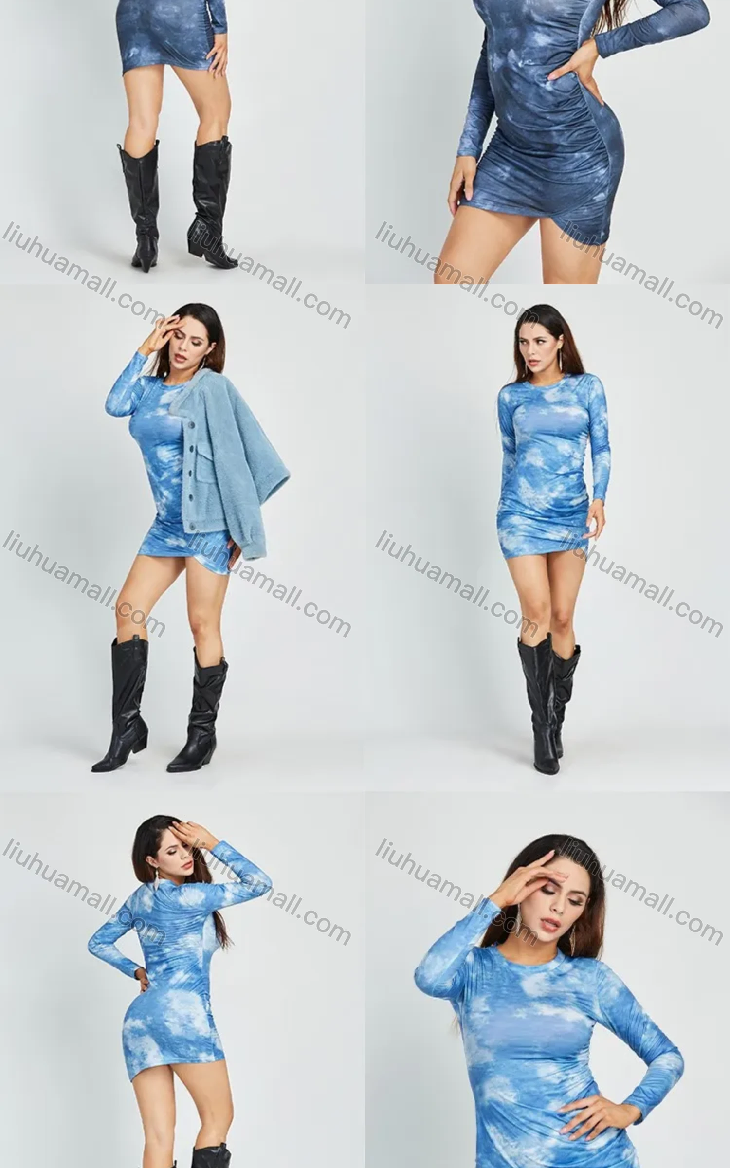 Wholesale Women's Casual Long Sleeve Crew Neck Tie Dye Print Bodycon Short Dress - Liuhuamall
