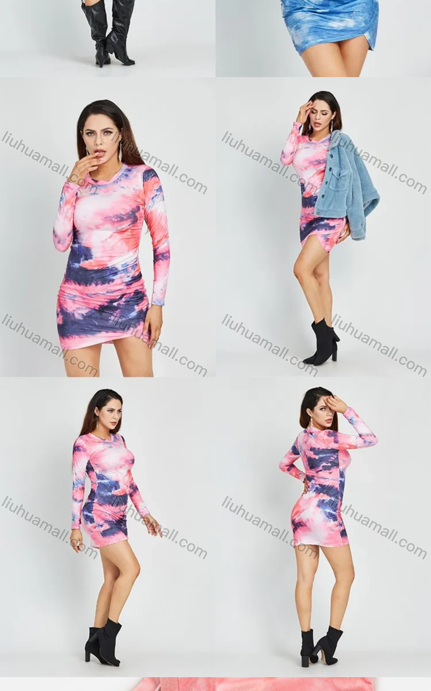 Wholesale Women's Casual Long Sleeve Crew Neck Tie Dye Print Bodycon Short Dress - Liuhuamall