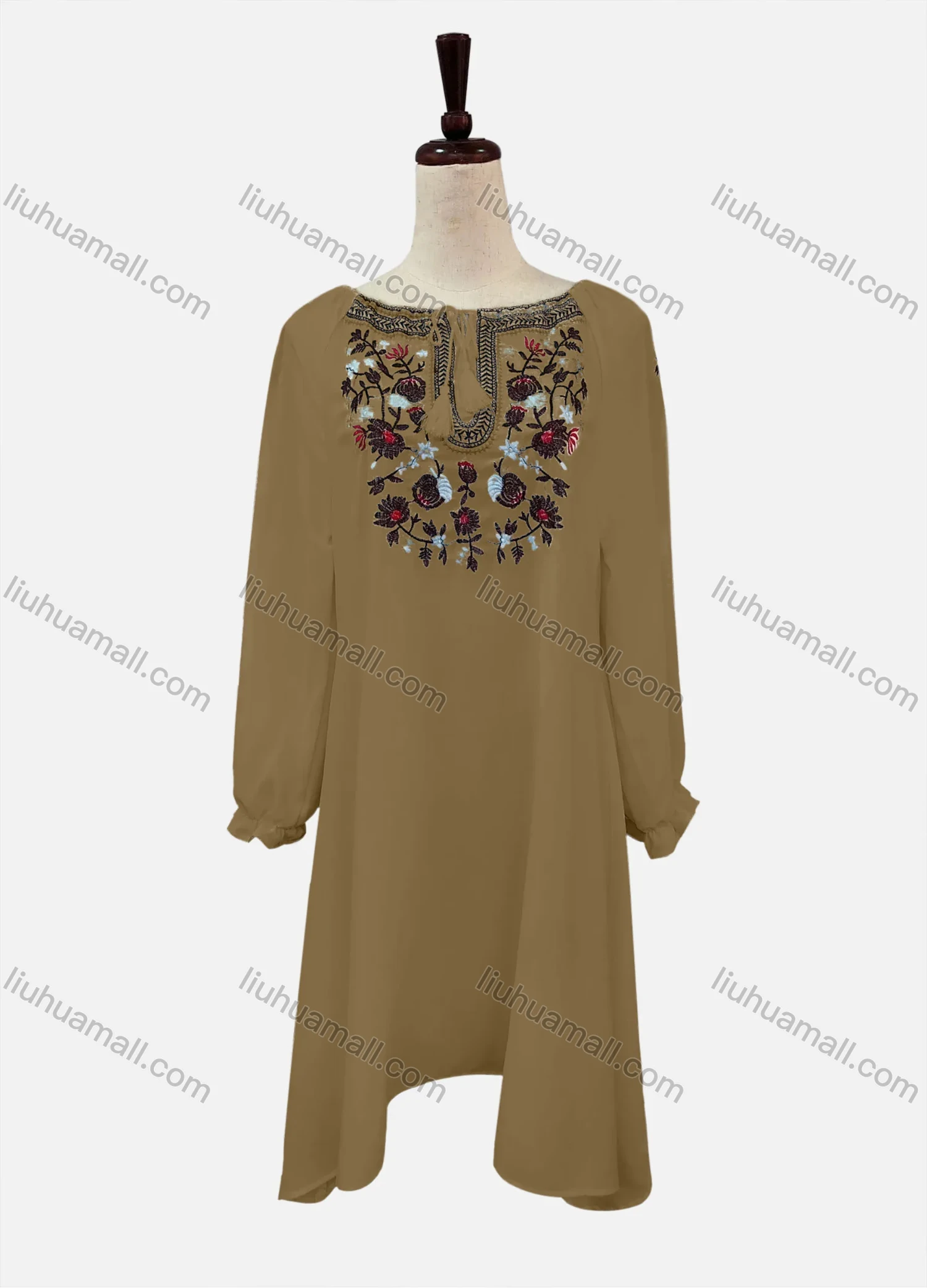 Wholesale Women's Casual Embroidered Drawstring Bateau Neck Poet Sleeve Short Dress - Liuhuamall