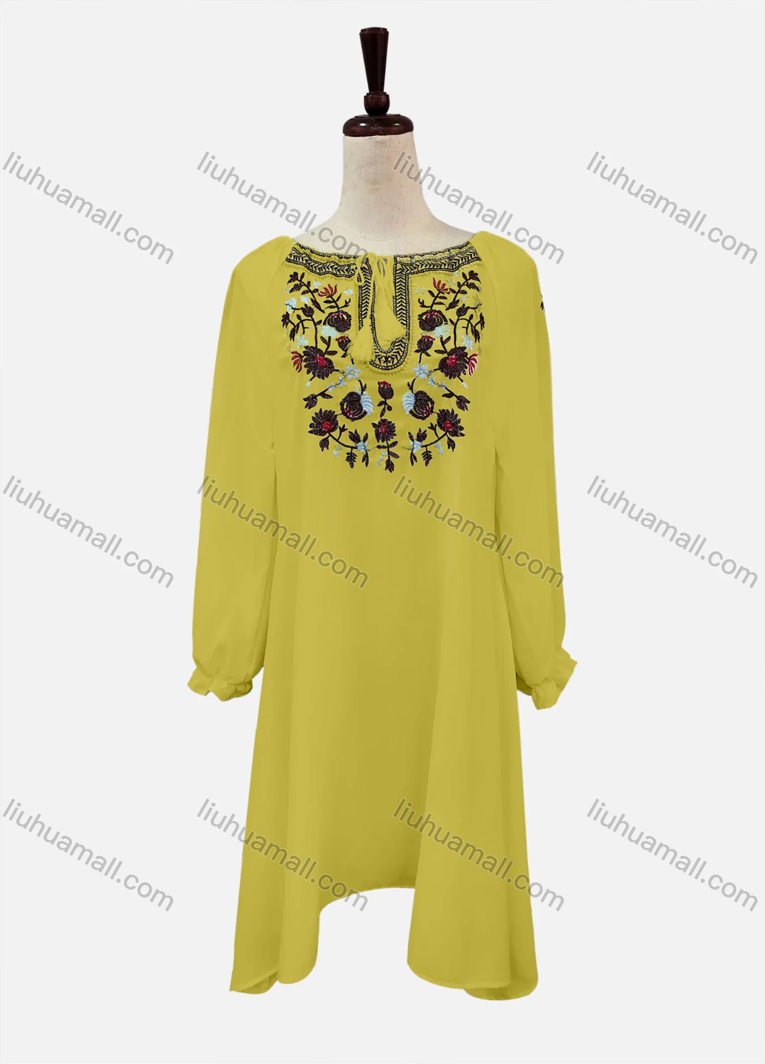 Wholesale Women's Casual Embroidered Drawstring Bateau Neck Poet Sleeve Short Dress - Liuhuamall