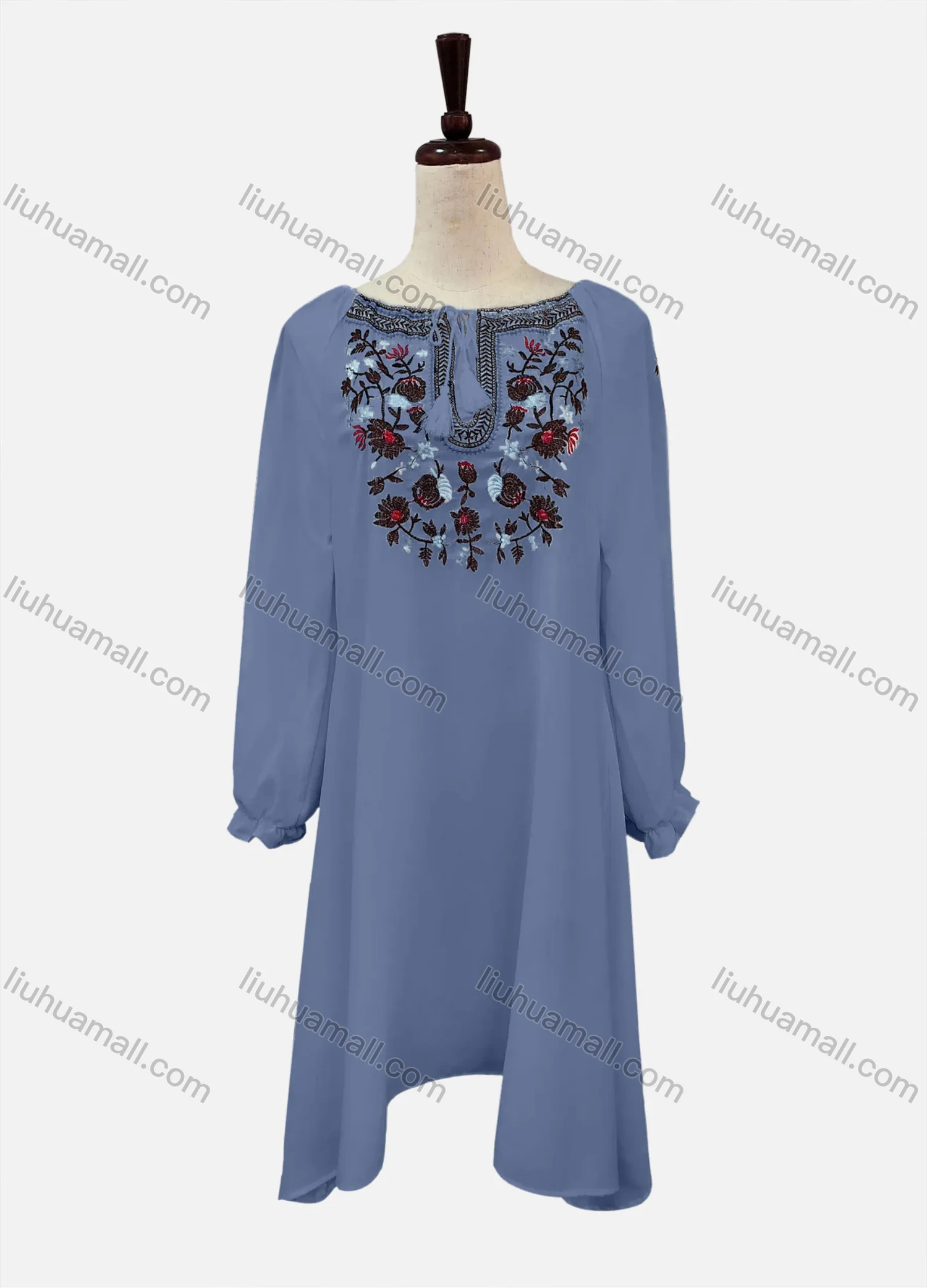 Wholesale Women's Casual Embroidered Drawstring Bateau Neck Poet Sleeve Short Dress - Liuhuamall