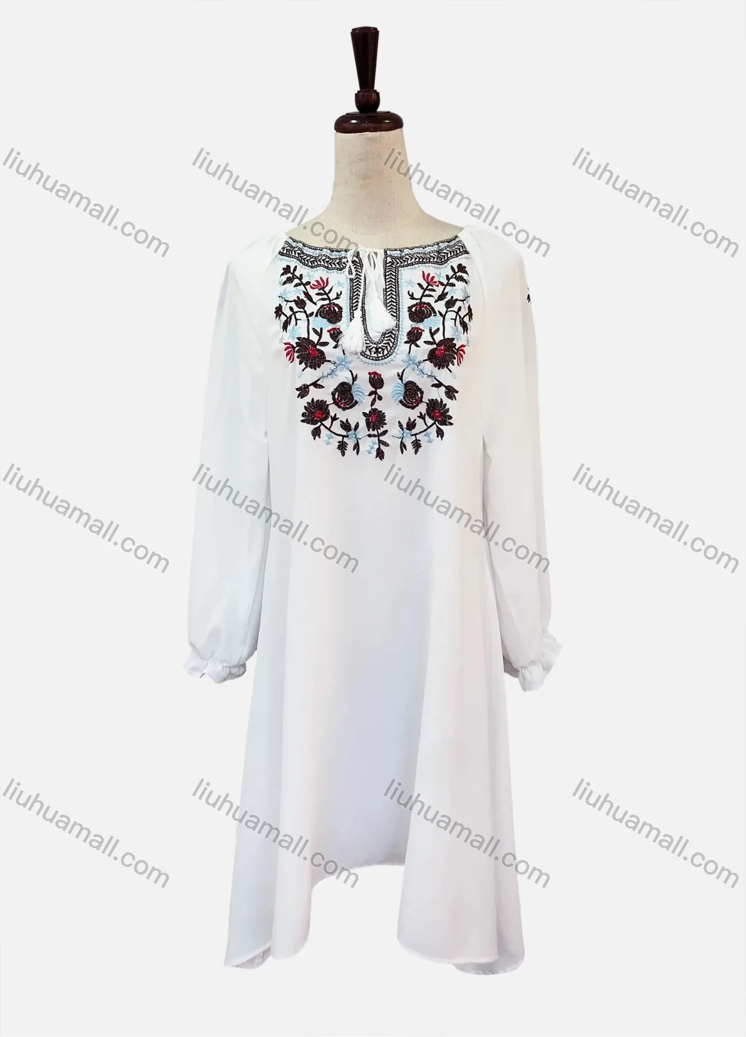 Wholesale Women's Casual Embroidered Drawstring Bateau Neck Poet Sleeve Short Dress - Liuhuamall