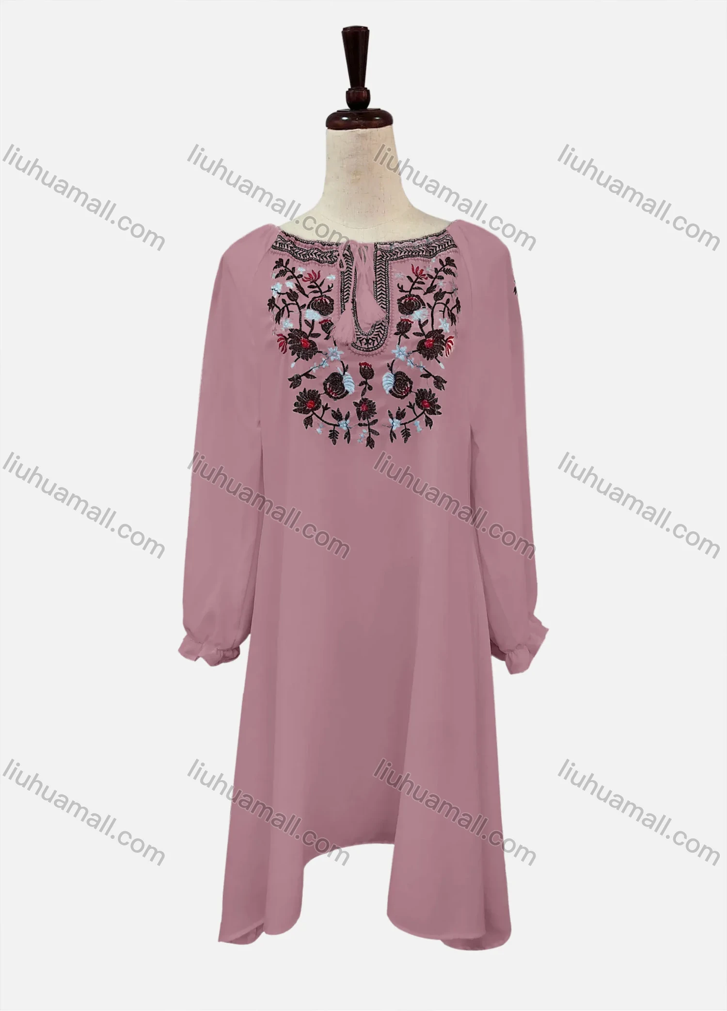 Wholesale Women's Casual Embroidered Drawstring Bateau Neck Poet Sleeve Short Dress - Liuhuamall