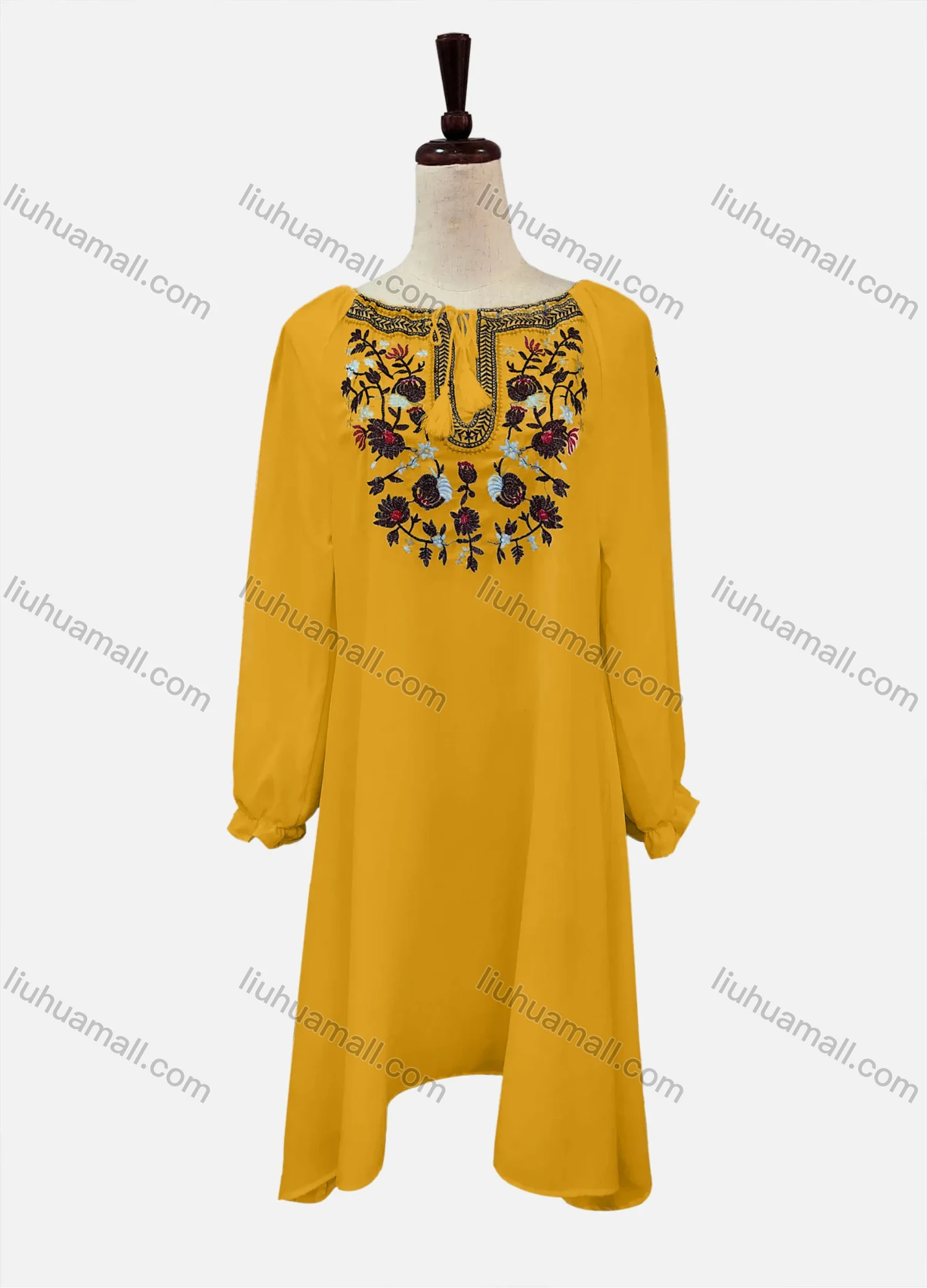 Wholesale Women's Casual Embroidered Drawstring Bateau Neck Poet Sleeve Short Dress - Liuhuamall