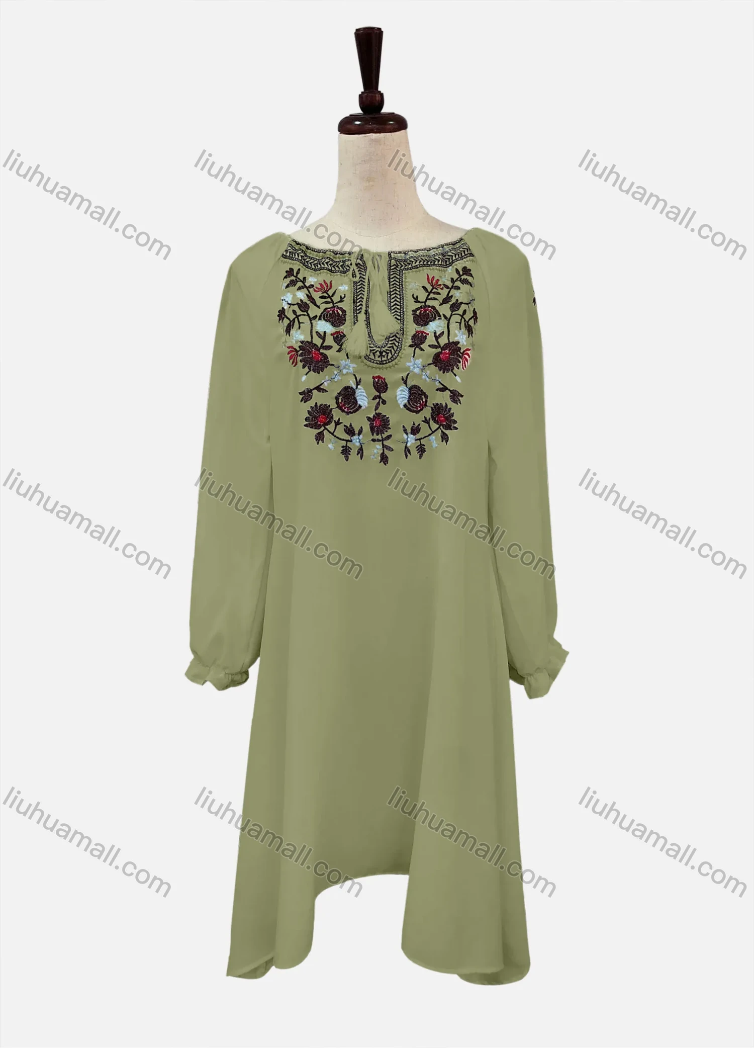 Wholesale Women's Casual Embroidered Drawstring Bateau Neck Poet Sleeve Short Dress - Liuhuamall