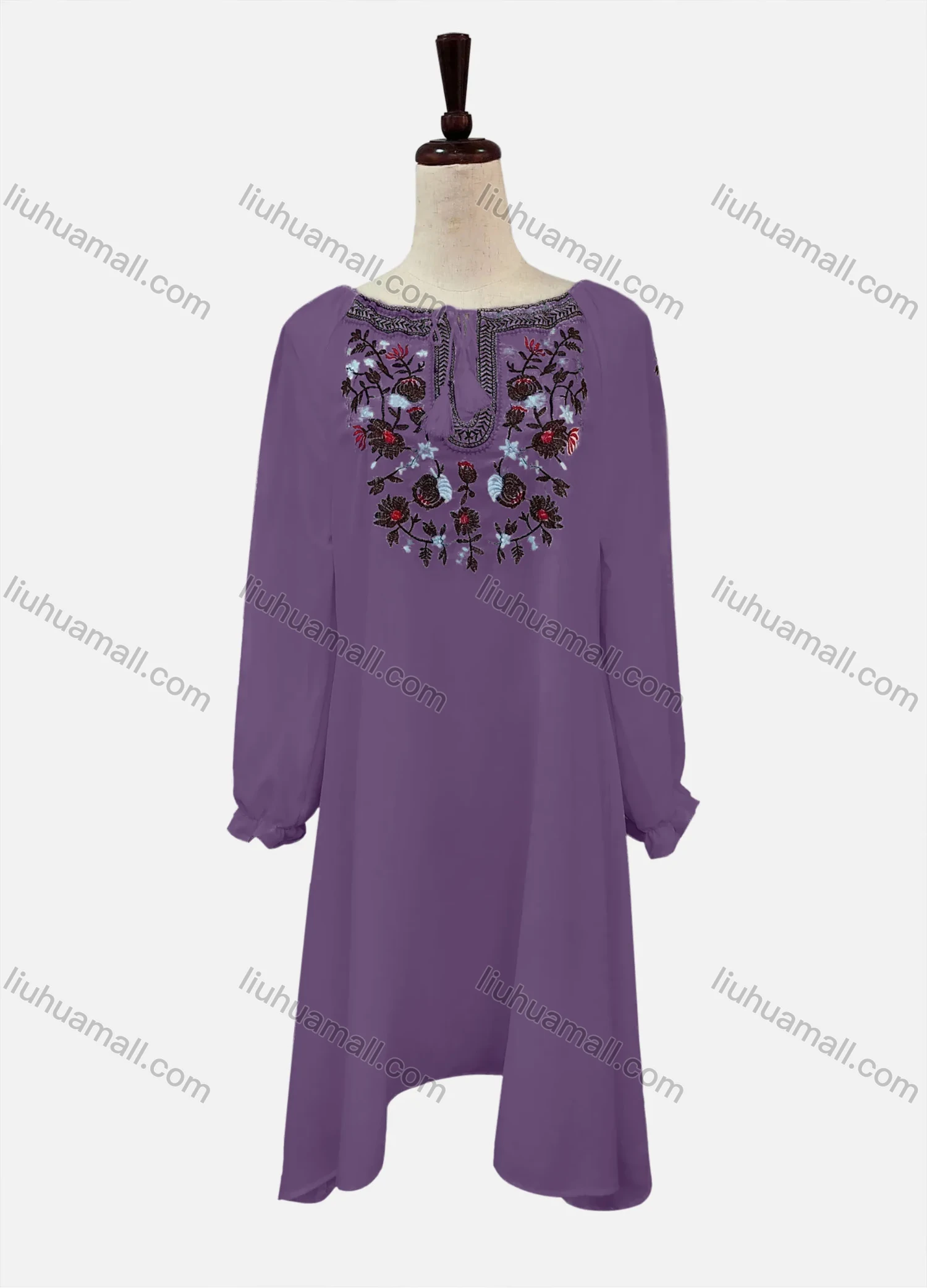 Wholesale Women's Casual Embroidered Drawstring Bateau Neck Poet Sleeve Short Dress - Liuhuamall