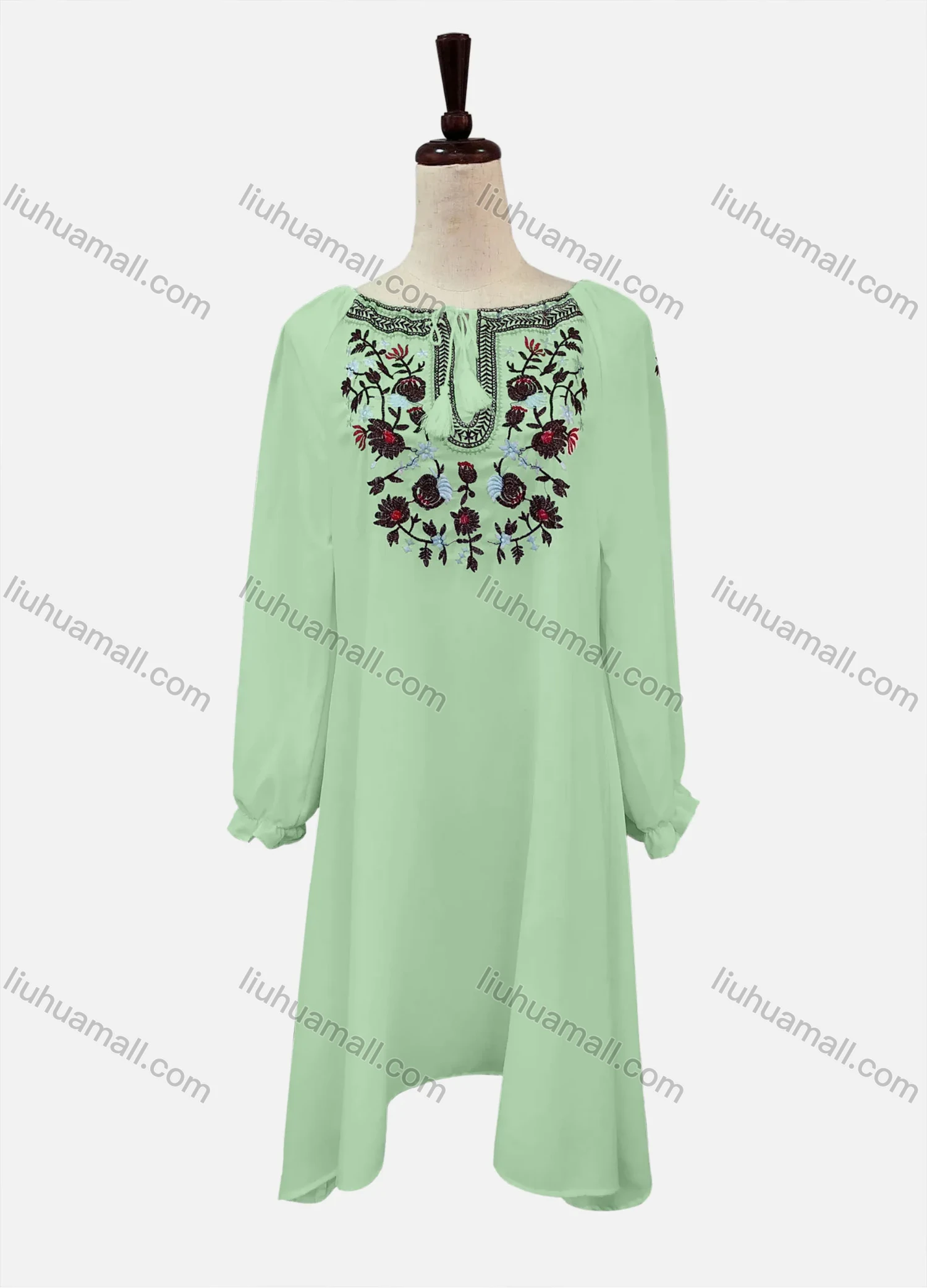 Wholesale Women's Casual Embroidered Drawstring Bateau Neck Poet Sleeve Short Dress - Liuhuamall