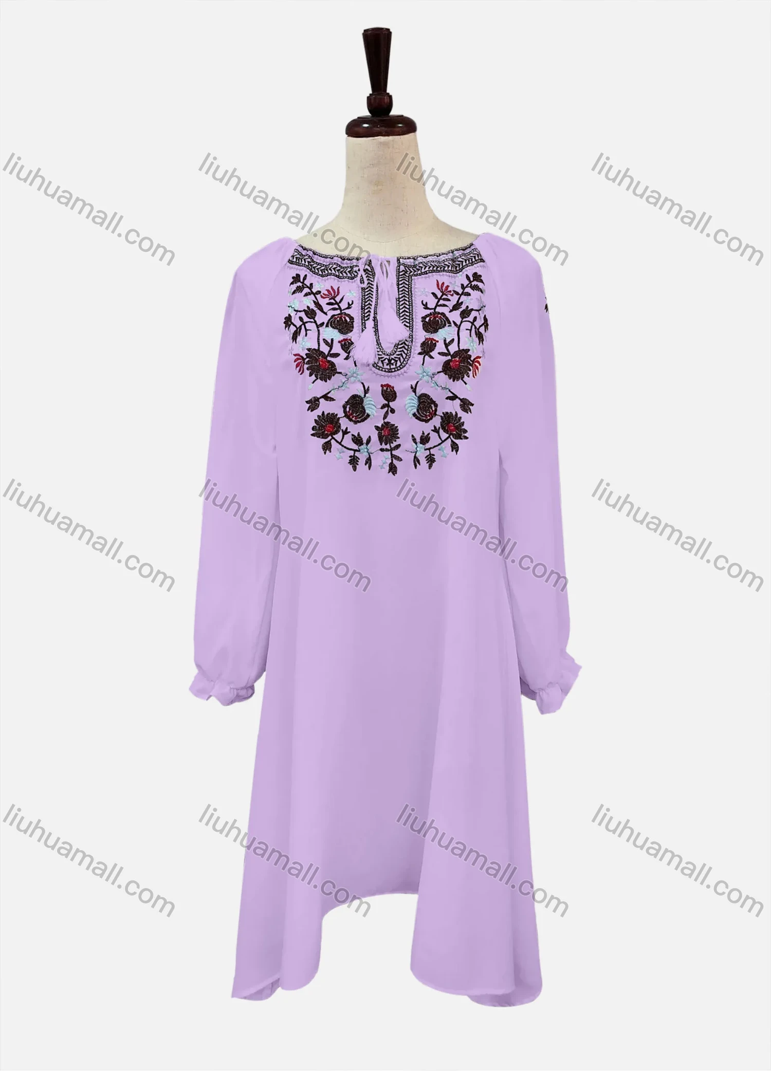 Wholesale Women's Casual Embroidered Drawstring Bateau Neck Poet Sleeve Short Dress - Liuhuamall
