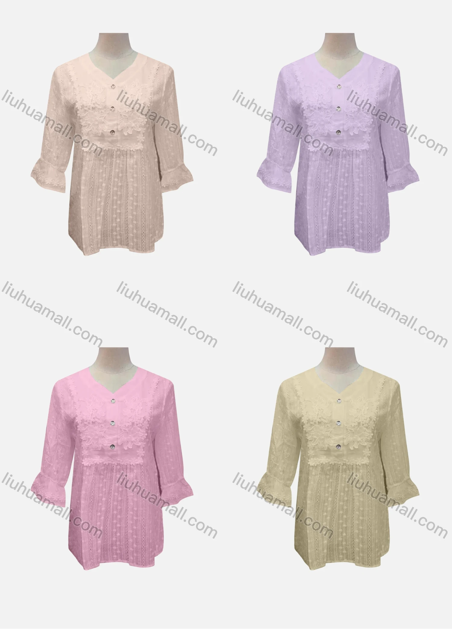 Wholesale Women's Casual Plain Lace Appliques Button Front 3/4 Sleeve Blouse - Liuhuamall