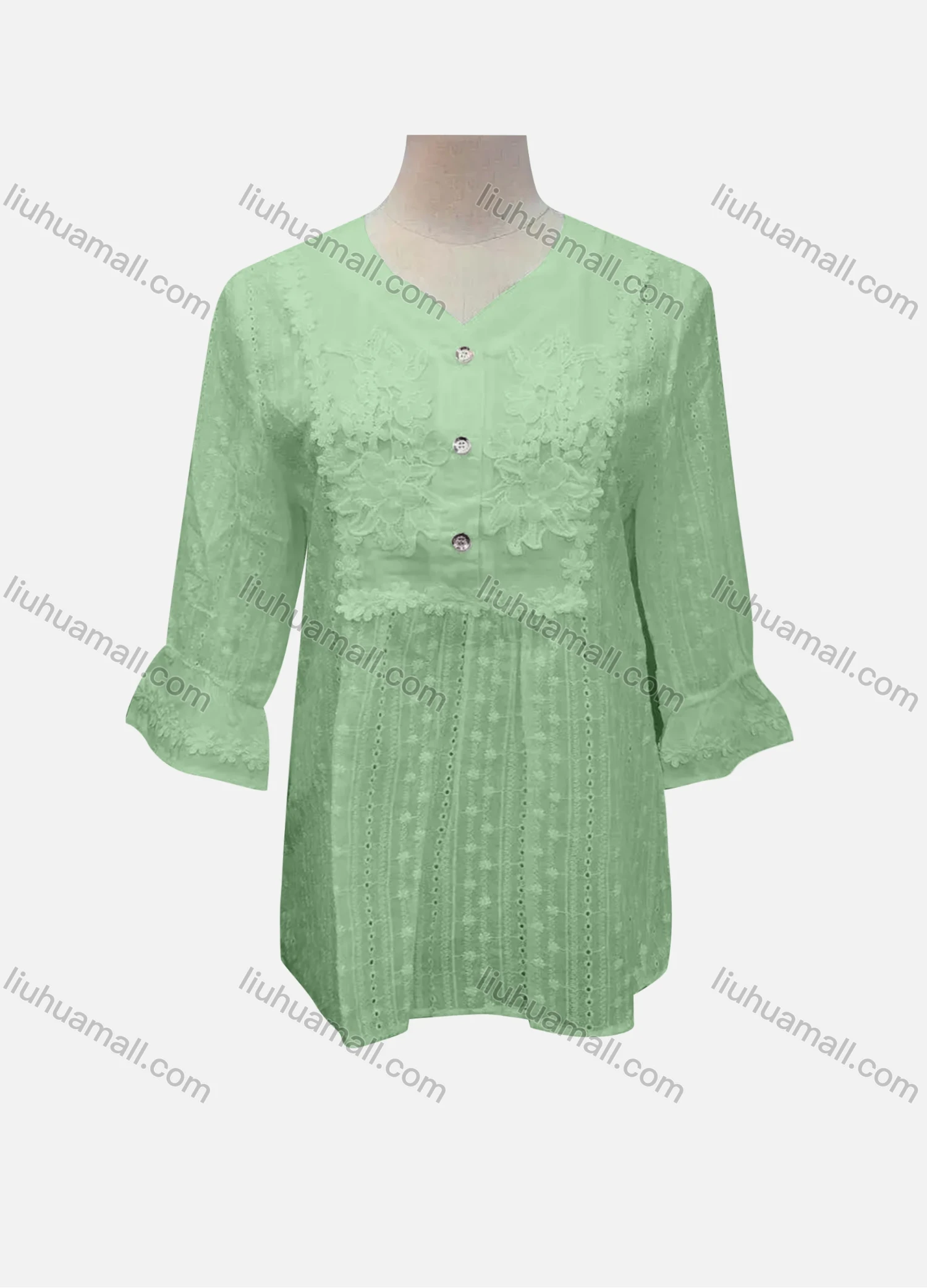 Wholesale Women's Casual Plain Lace Appliques Button Front 3/4 Sleeve Blouse - Liuhuamall