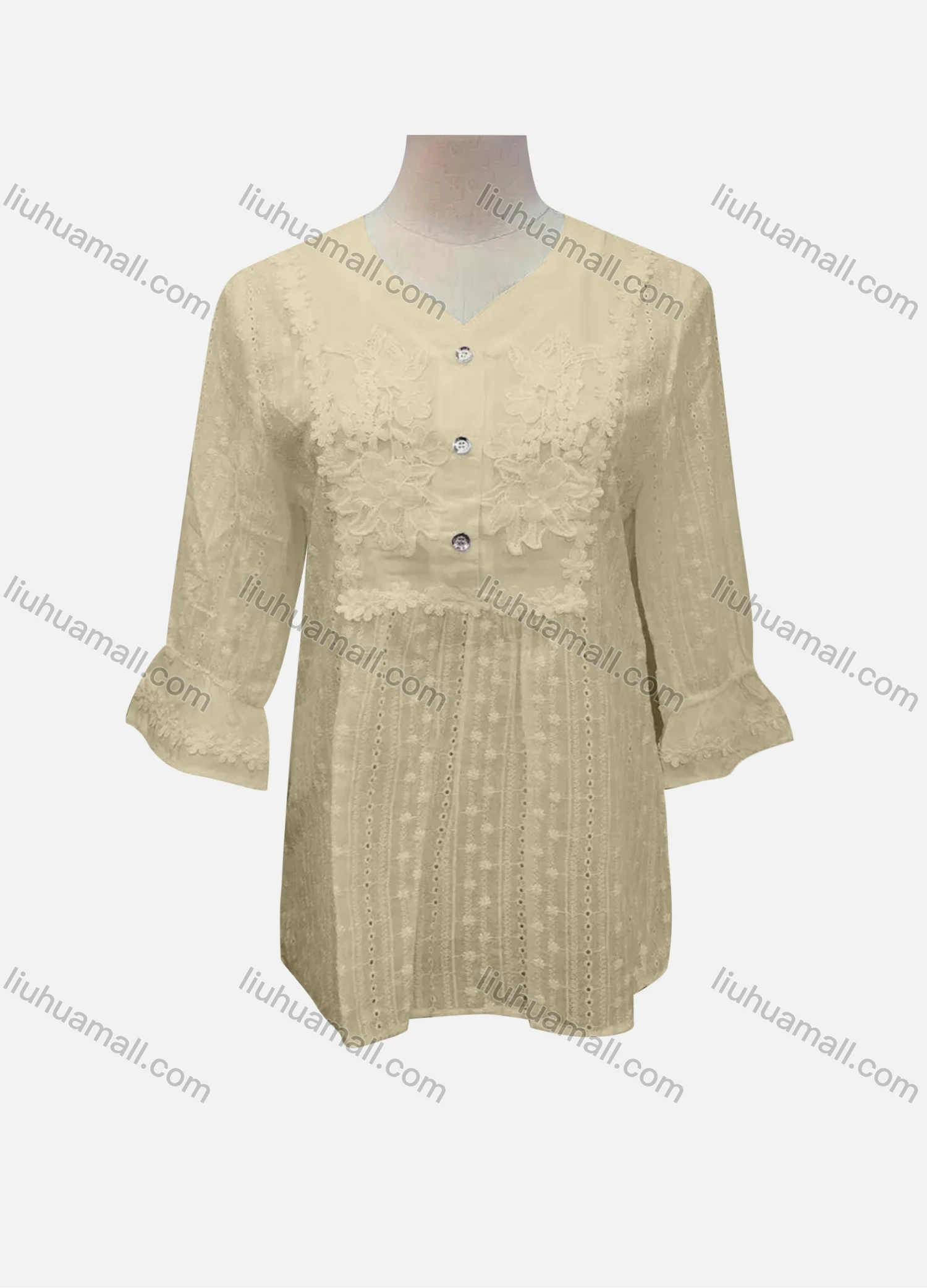 Wholesale Women's Casual Plain Lace Appliques Button Front 3/4 Sleeve Blouse - Liuhuamall