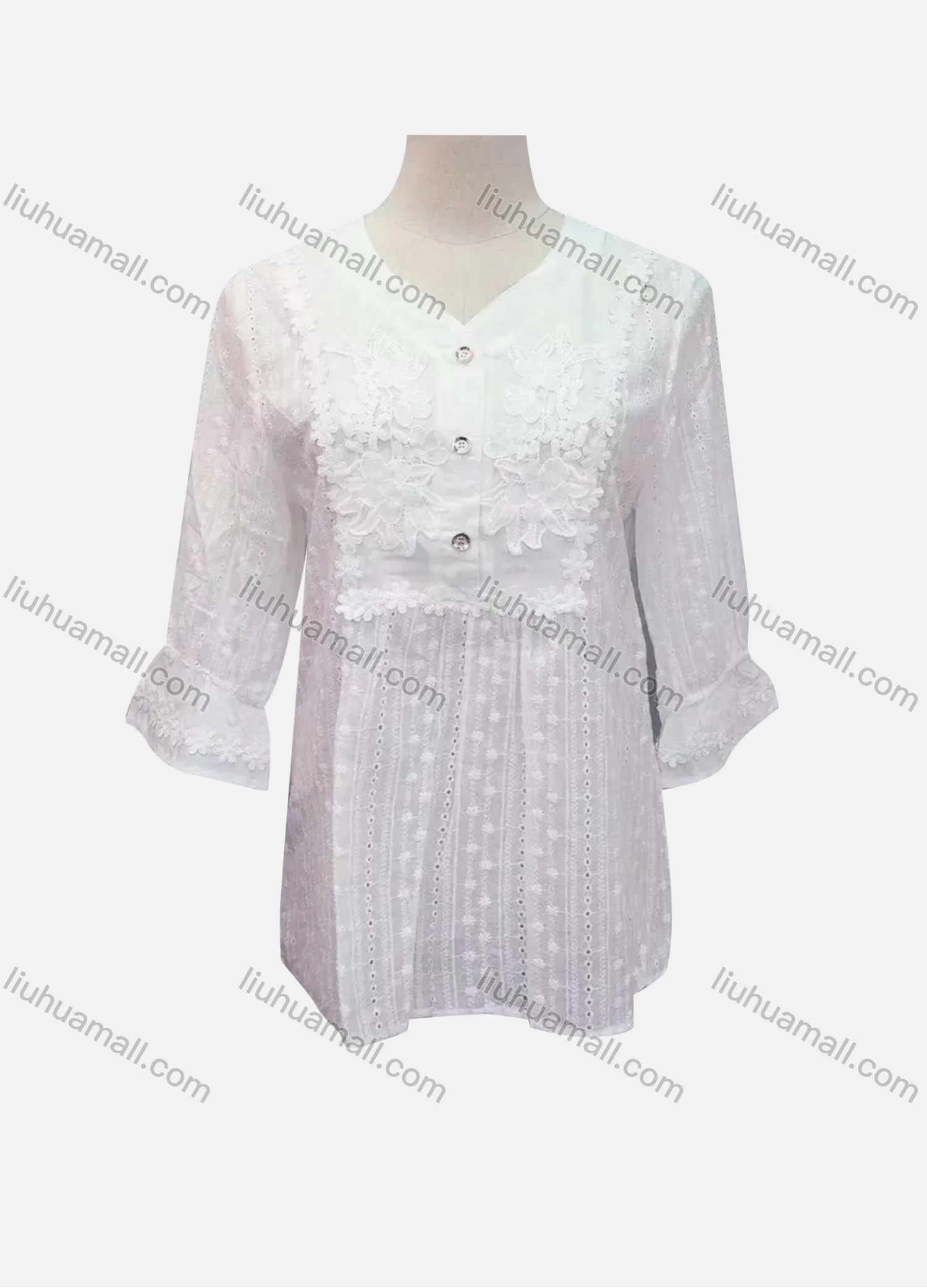 Wholesale Women's Casual Plain Lace Appliques Button Front 3/4 Sleeve Blouse - Liuhuamall