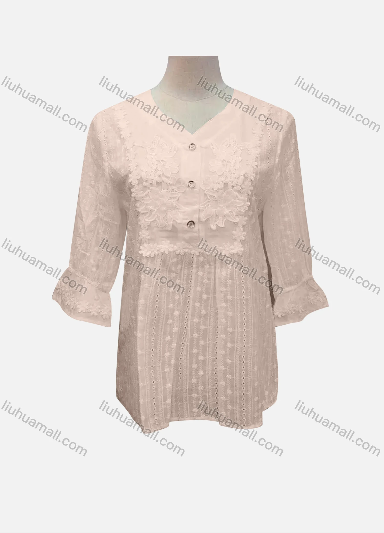 Wholesale Women's Casual Plain Lace Appliques Button Front 3/4 Sleeve Blouse - Liuhuamall
