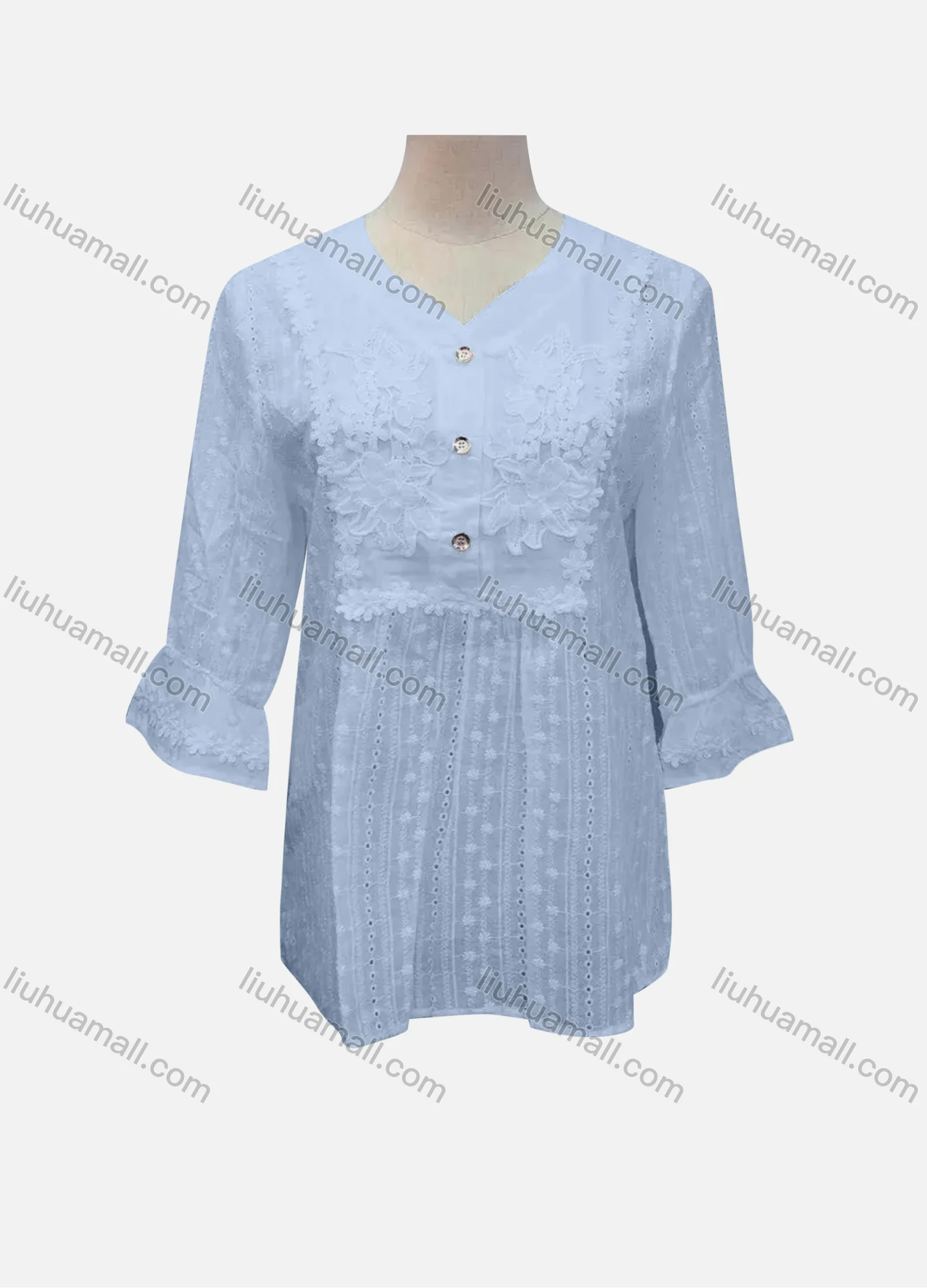Wholesale Women's Casual Plain Lace Appliques Button Front 3/4 Sleeve Blouse - Liuhuamall