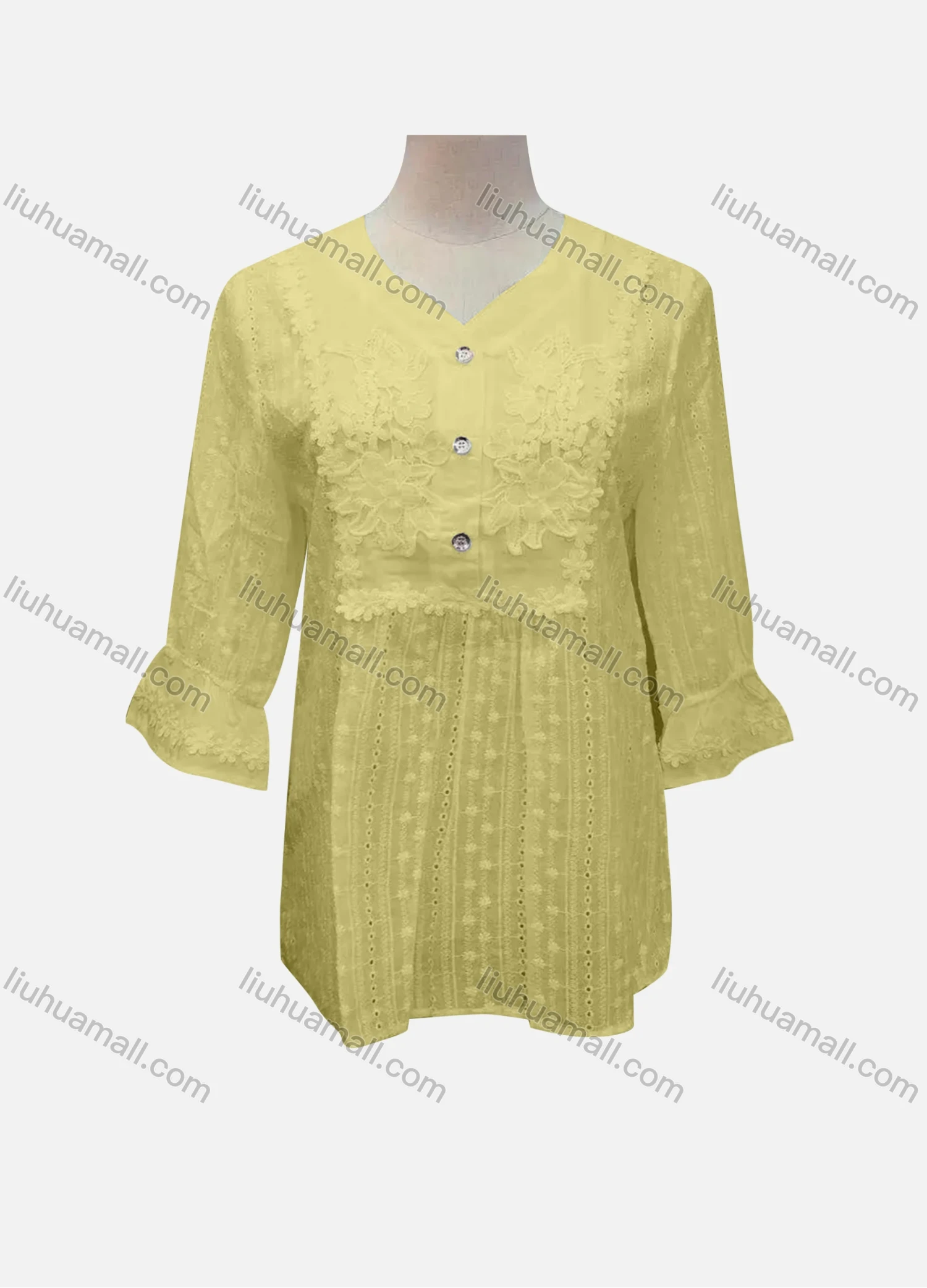 Wholesale Women's Casual Plain Lace Appliques Button Front 3/4 Sleeve Blouse - Liuhuamall