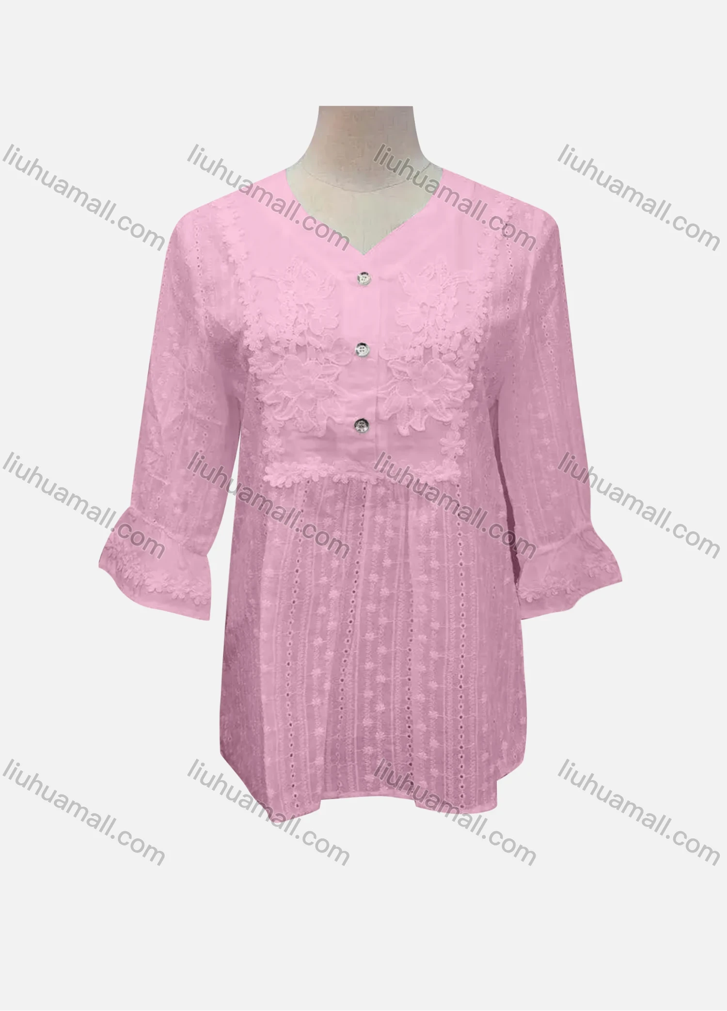 Wholesale Women's Casual Plain Lace Appliques Button Front 3/4 Sleeve Blouse - Liuhuamall