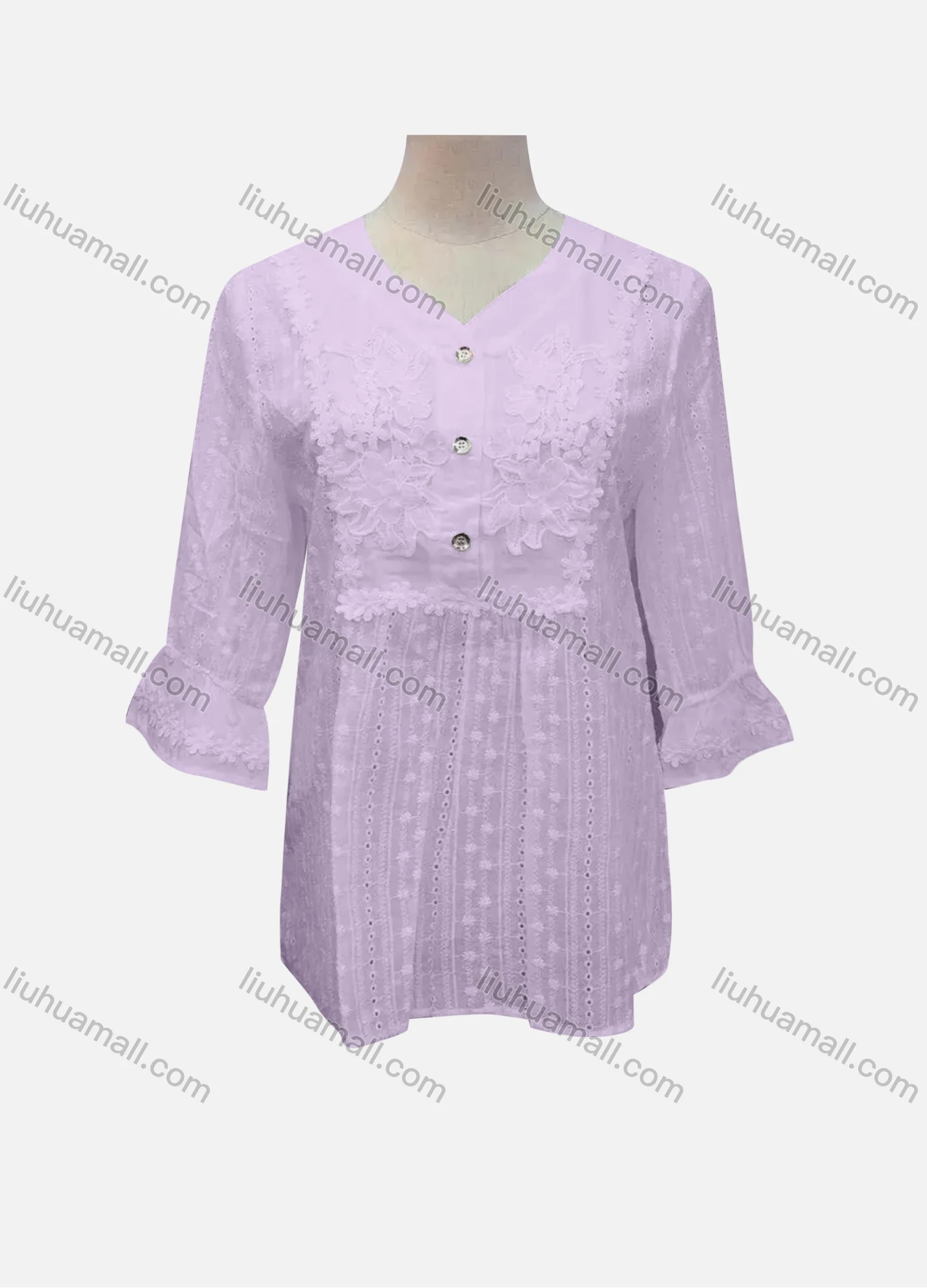 Wholesale Women's Casual Plain Lace Appliques Button Front 3/4 Sleeve Blouse - Liuhuamall