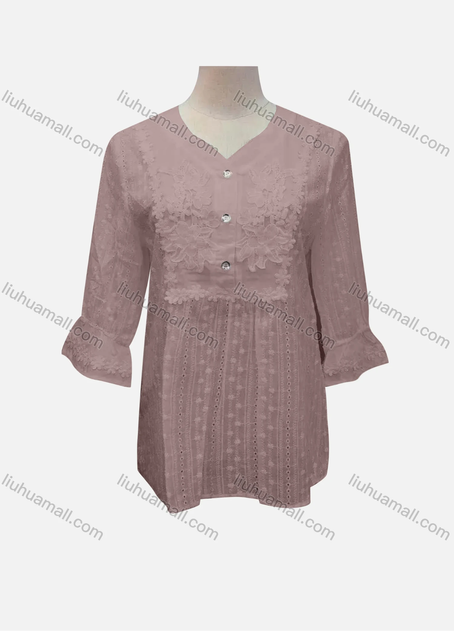 Wholesale Women's Casual Plain Lace Appliques Button Front 3/4 Sleeve Blouse - Liuhuamall
