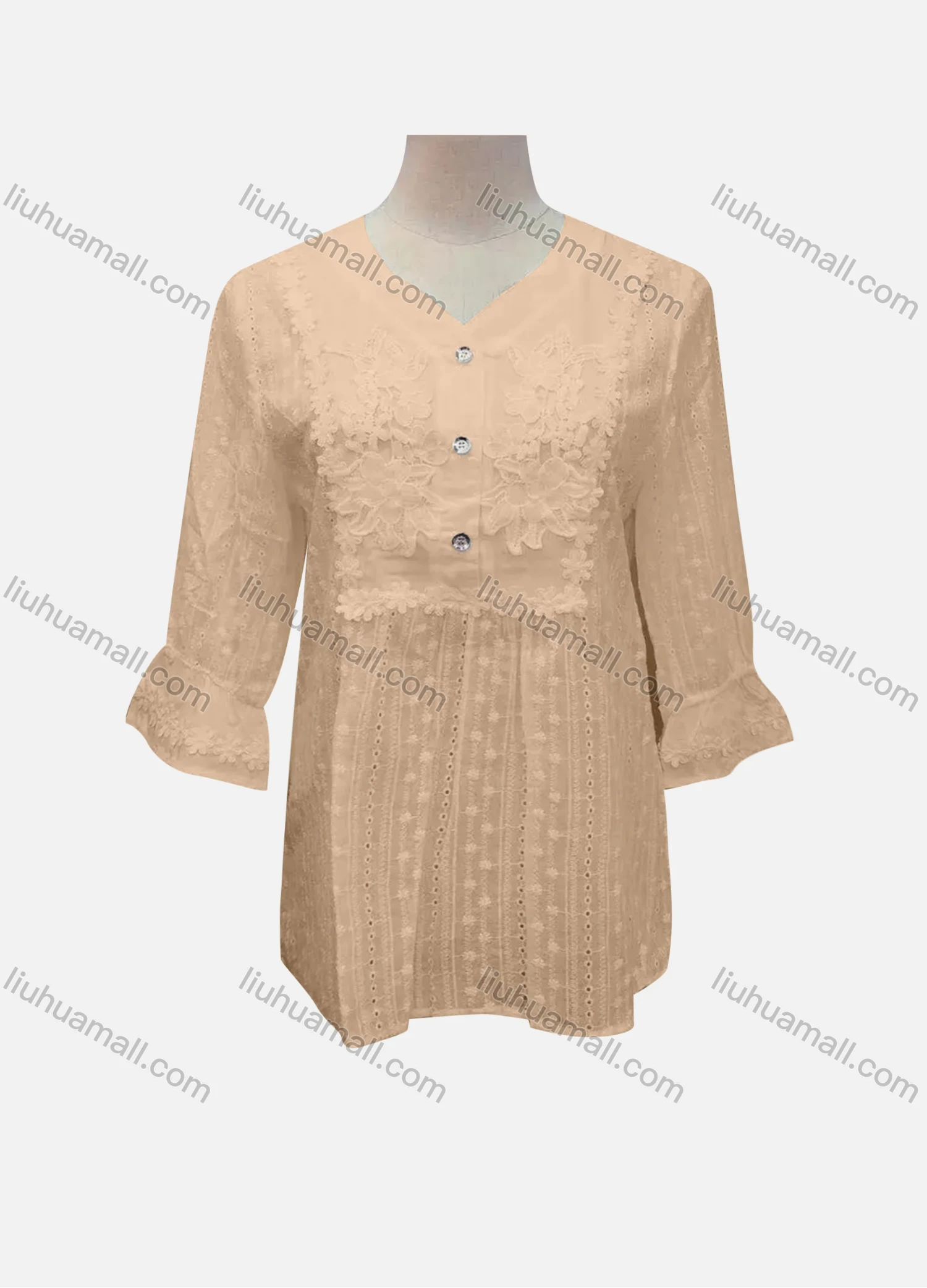 Wholesale Women's Casual Plain Lace Appliques Button Front 3/4 Sleeve Blouse - Liuhuamall