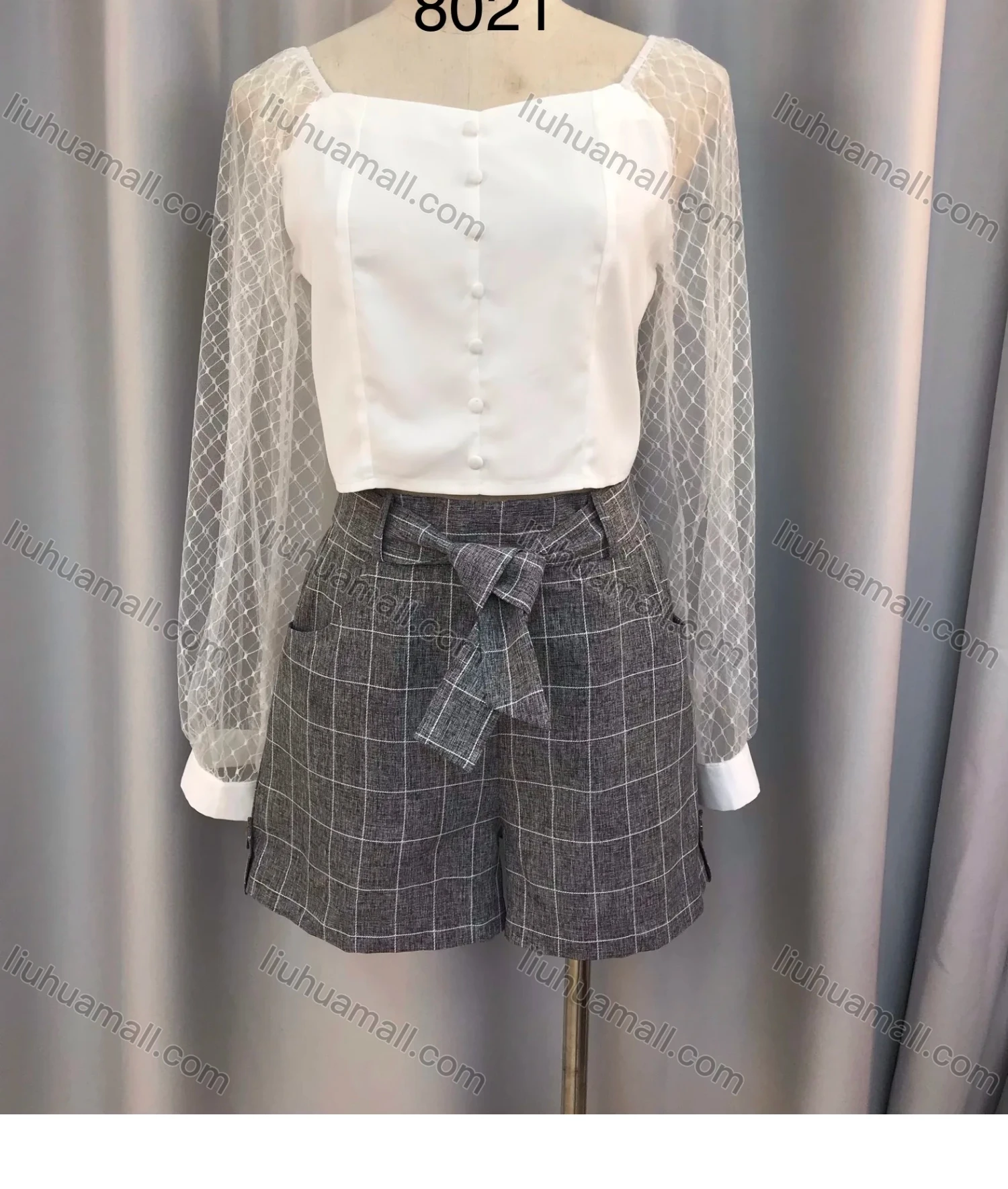 Wholesale Women's Casual Mesh Sleeve Button Down Blouse & Grid Print Shorts Set - Liuhuamall