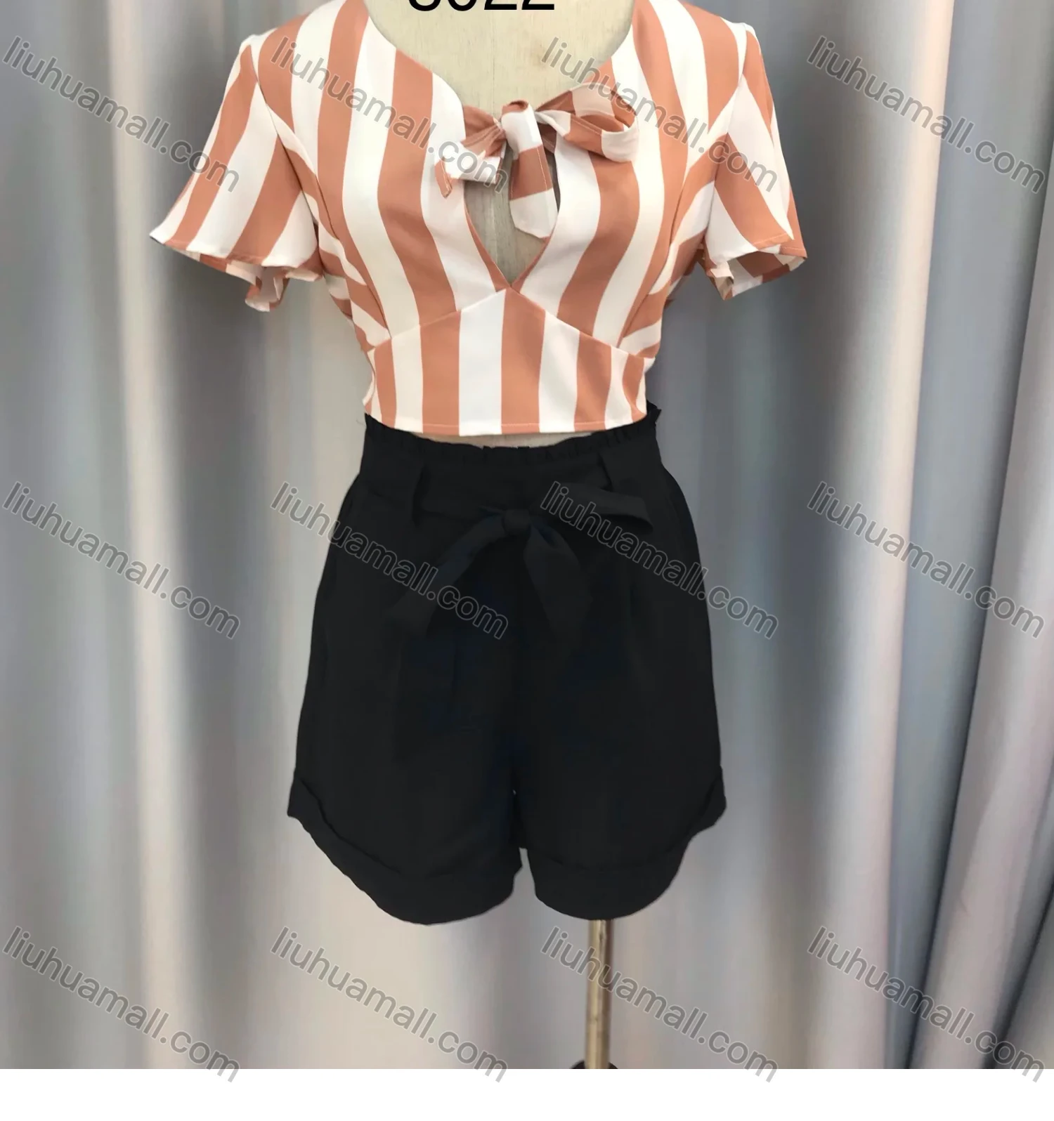 Wholesale Women's Casual Tie Front Colorblock Striped Crop Blouse & Plain Tie Front Shorts Set - Liuhuamall