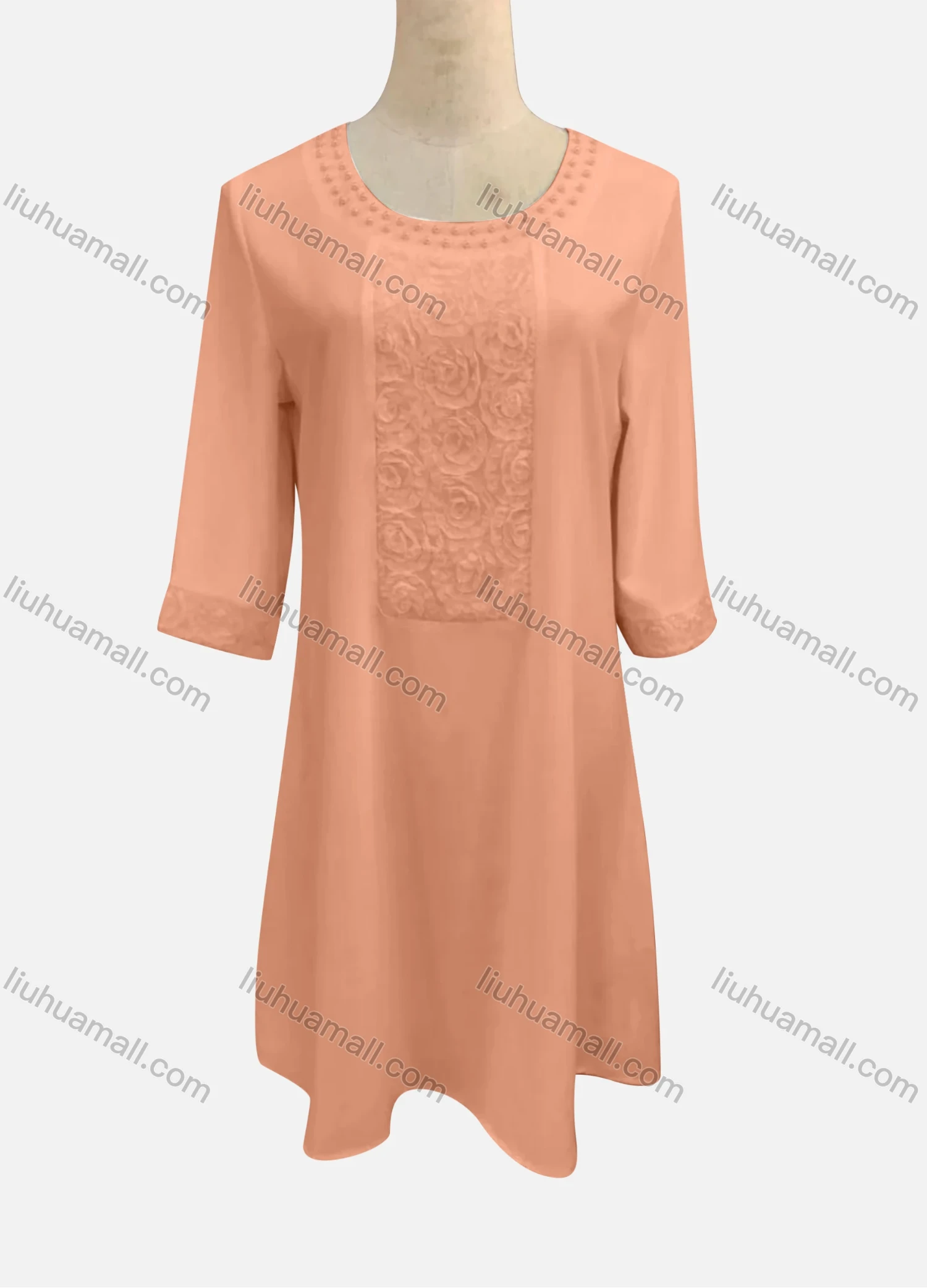 Wholesale Women's Casual Round Neck Embroidered Pearl Decor 3/4 Sleeve Ruffle Hem Short Dress - Liuhuamall