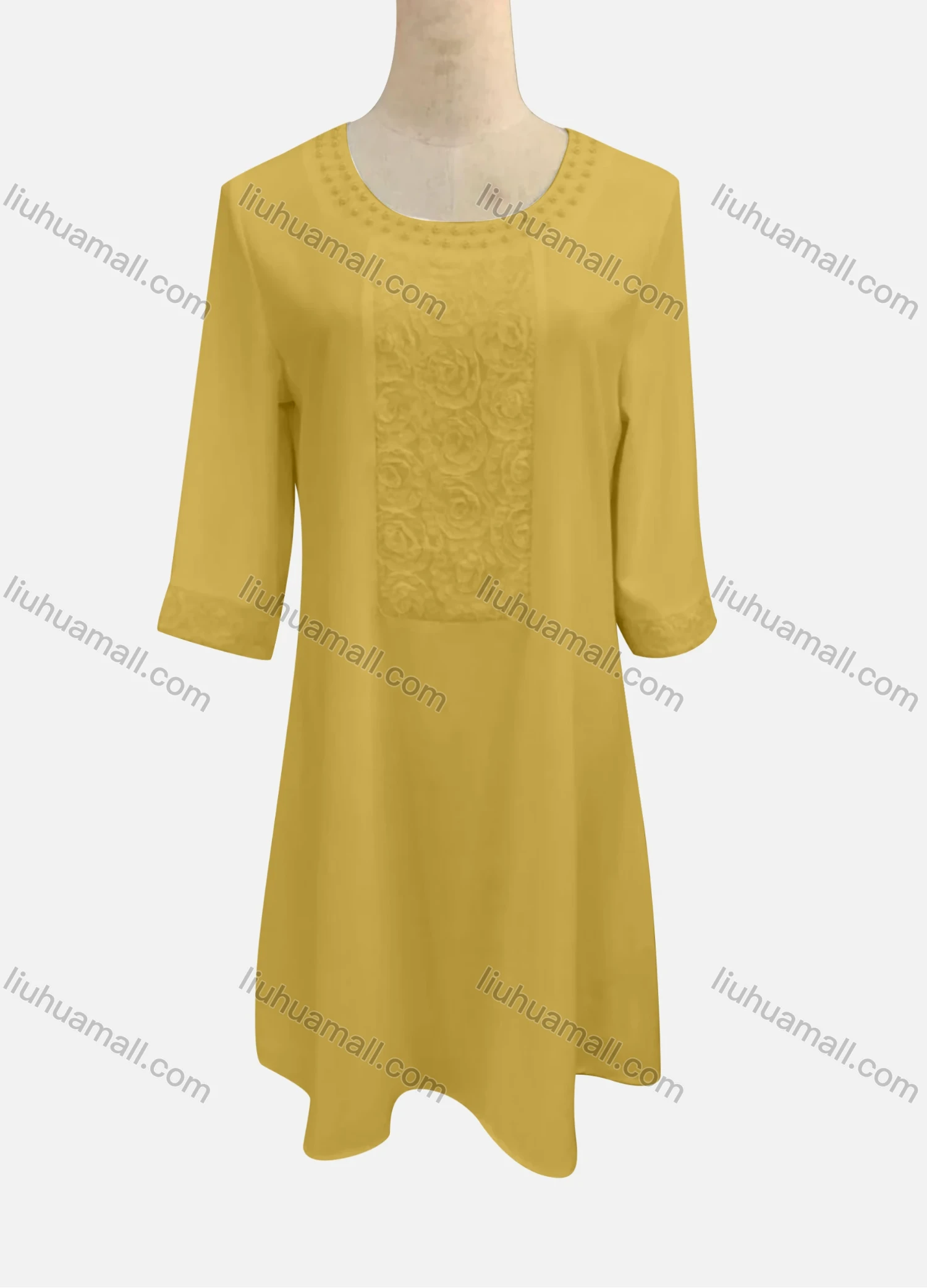 Wholesale Women's Casual Round Neck Embroidered Pearl Decor 3/4 Sleeve Ruffle Hem Short Dress - Liuhuamall