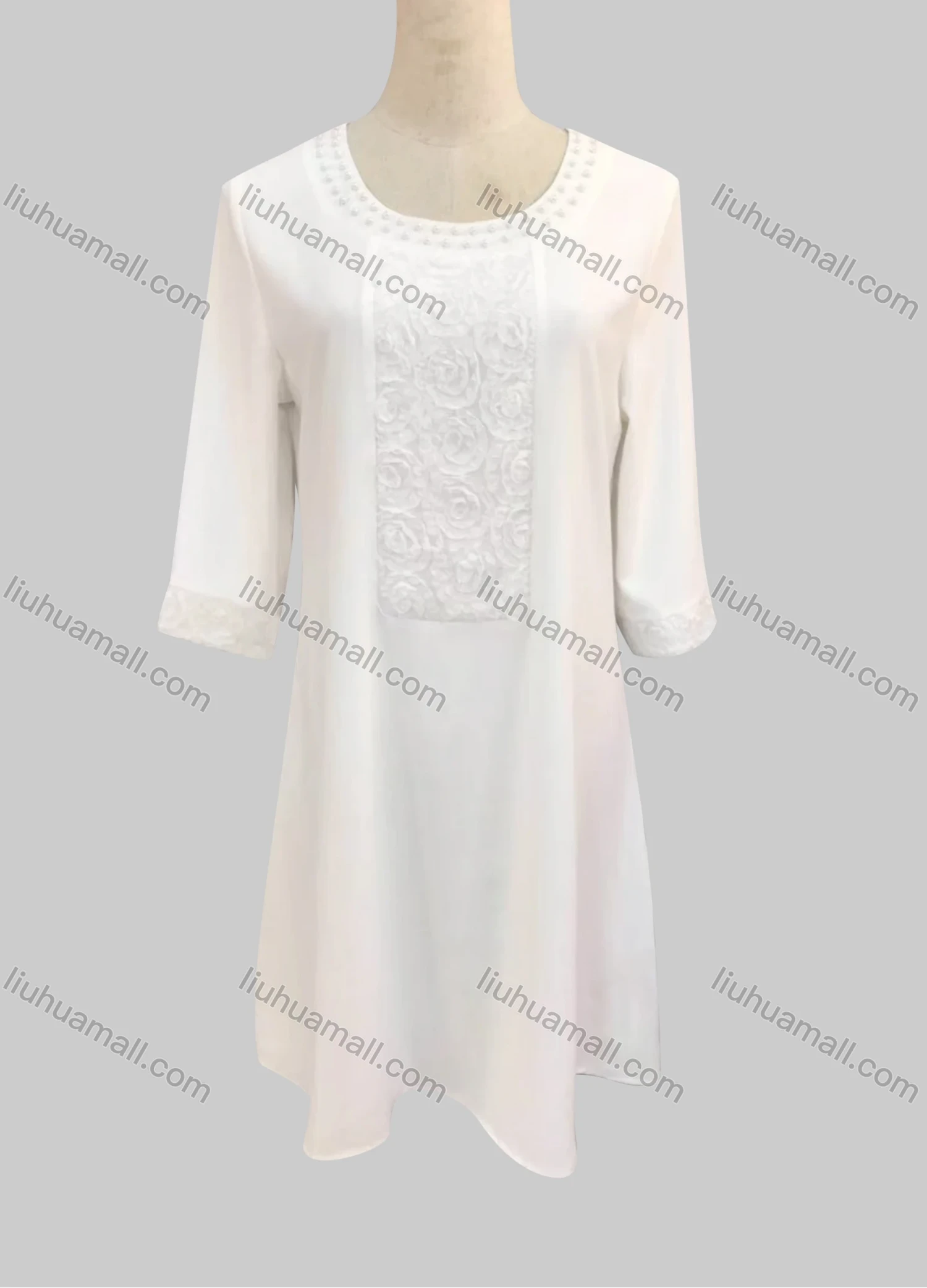 Wholesale Women's Casual Round Neck Embroidered Pearl Decor 3/4 Sleeve Ruffle Hem Short Dress - Liuhuamall