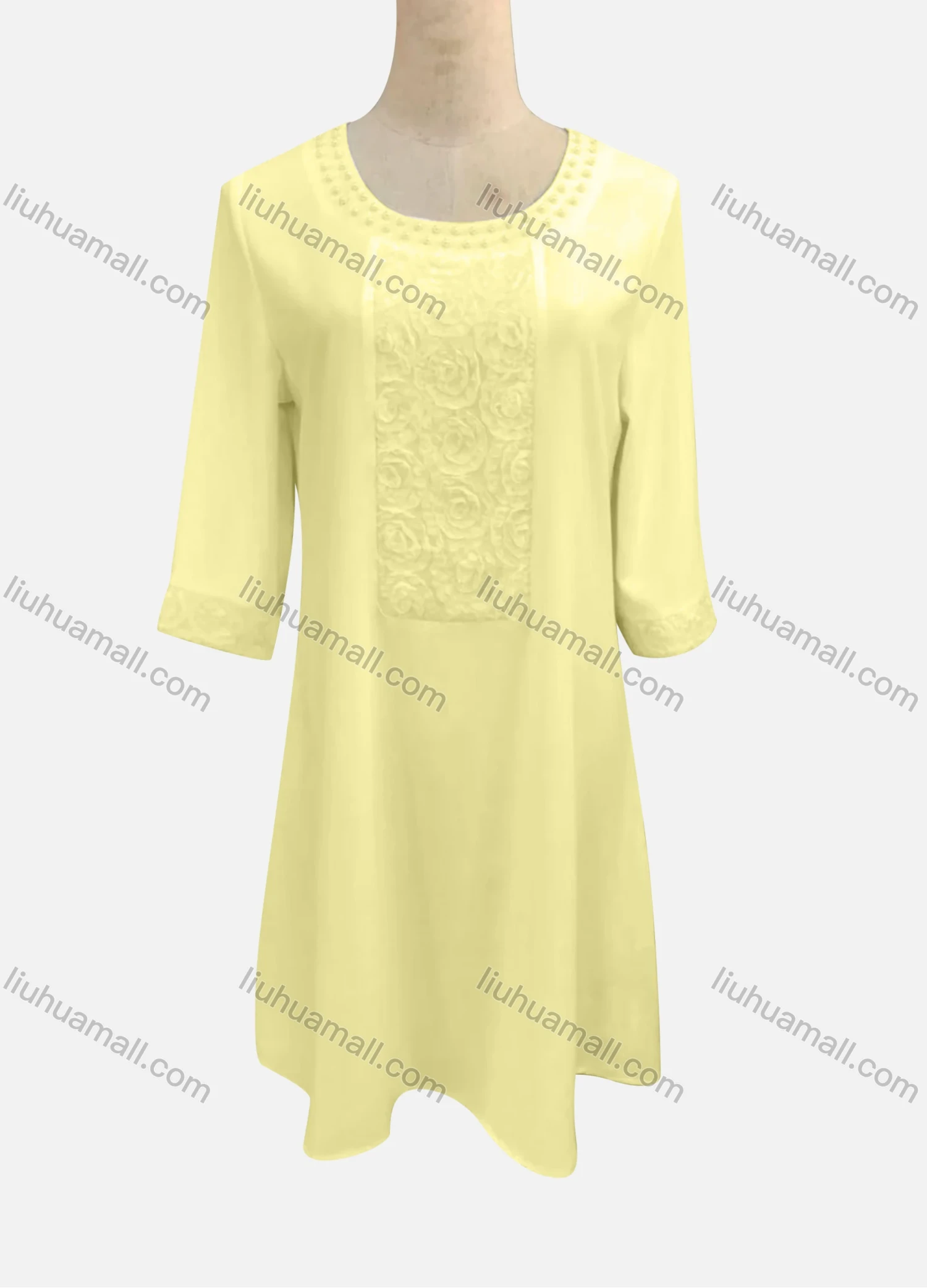 Wholesale Women's Casual Round Neck Embroidered Pearl Decor 3/4 Sleeve Ruffle Hem Short Dress - Liuhuamall